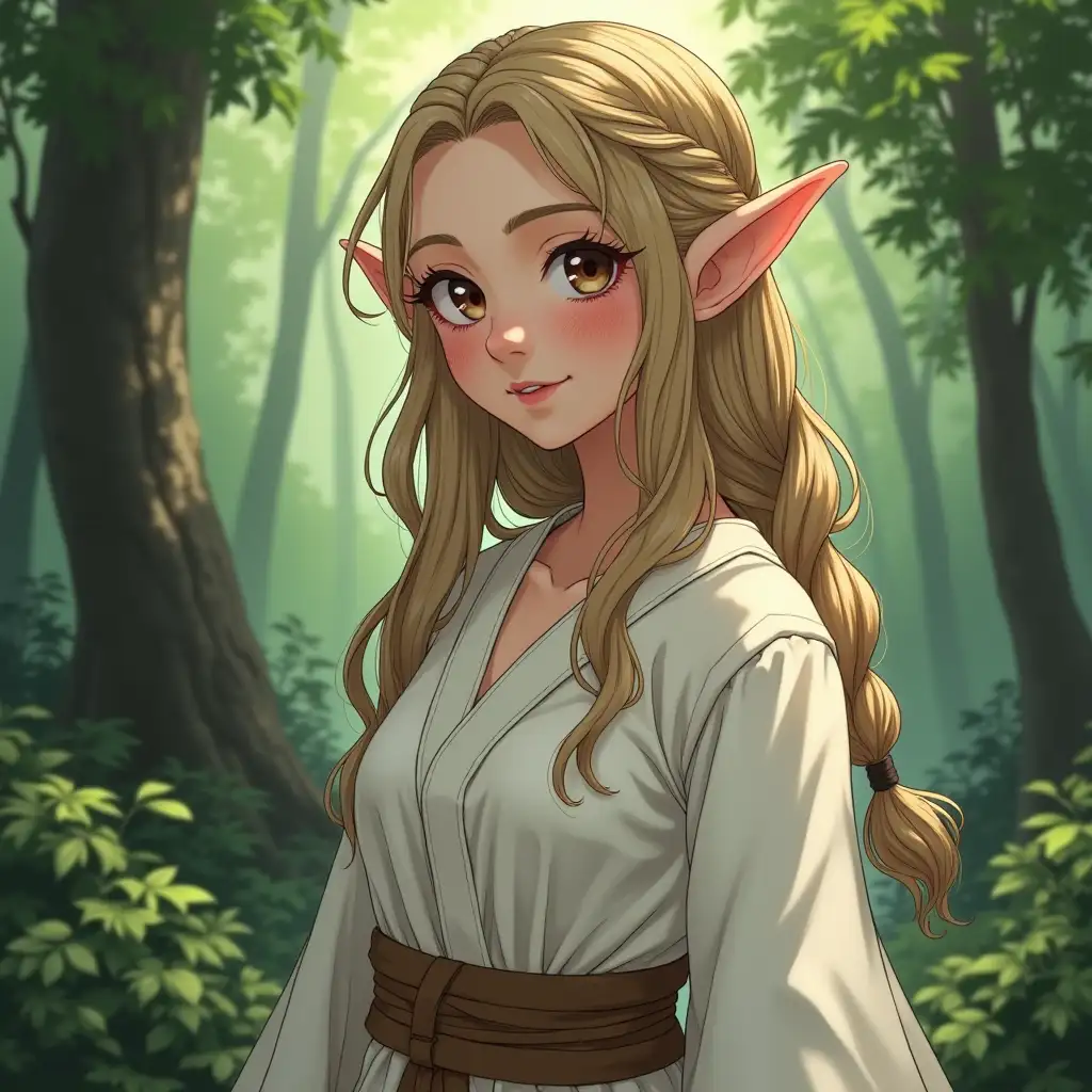 Elf girl, 30 years old, freckles, realistic anime style, pointed ears, long braid on her head, dressed in a white chiton, full-length, forest