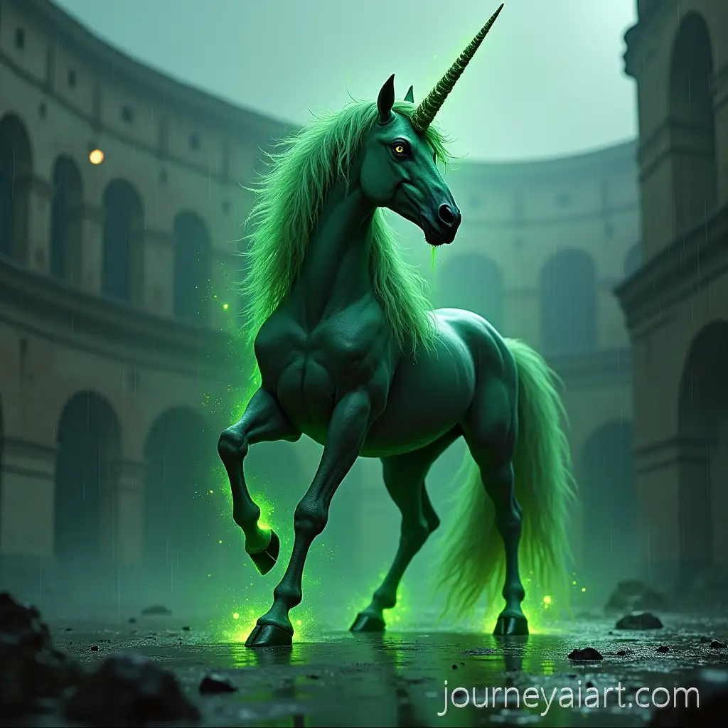 Deadly-Unicorn-Fabio-in-a-Rainy-ColosseAI-Art-Prompt-Expansionum-with-Green-Hellfire