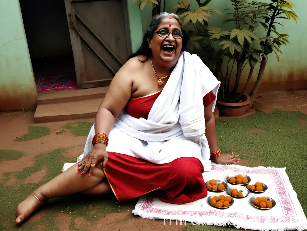 Bengali Woman Enjoying Rasgulla in Garden with Dog Companion