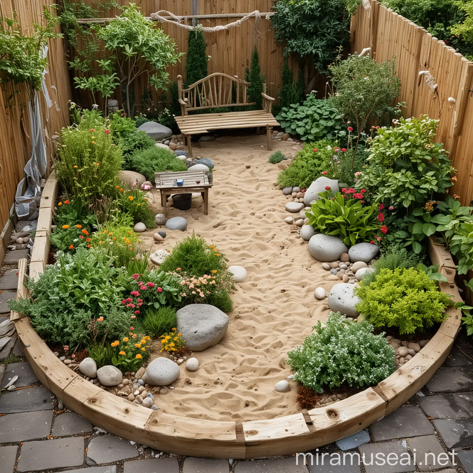 Tranquil Zen Garden with Sand Water Rocks Bushes and Wood Decorations