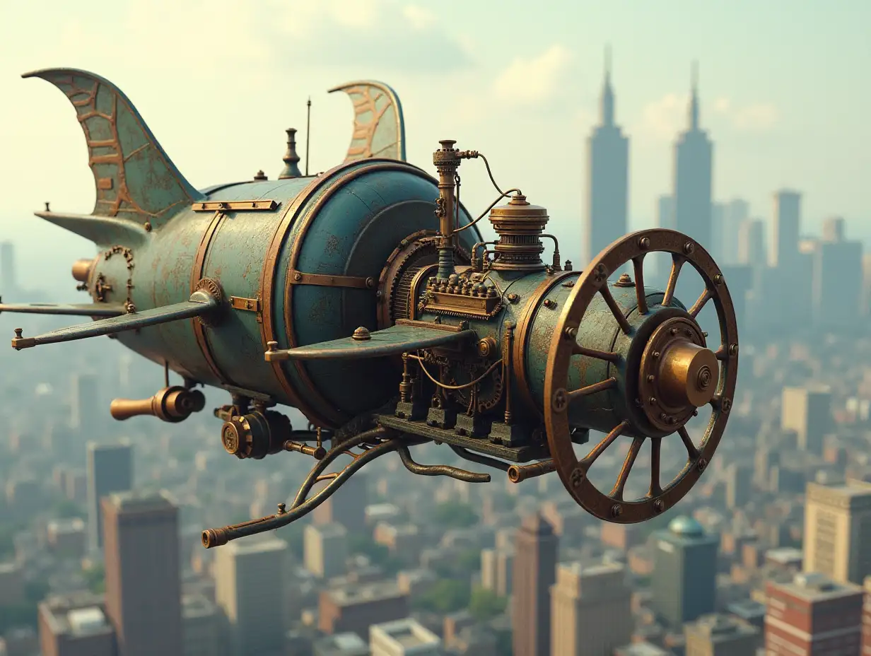 A detailed Steampunk style flying machine with complicated gear driven by steam power. Flying over a city Premium Picture