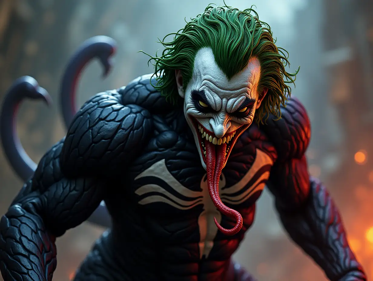 A hybrid creature combining the chaotic essence of Joker with the sinister power of Venom...