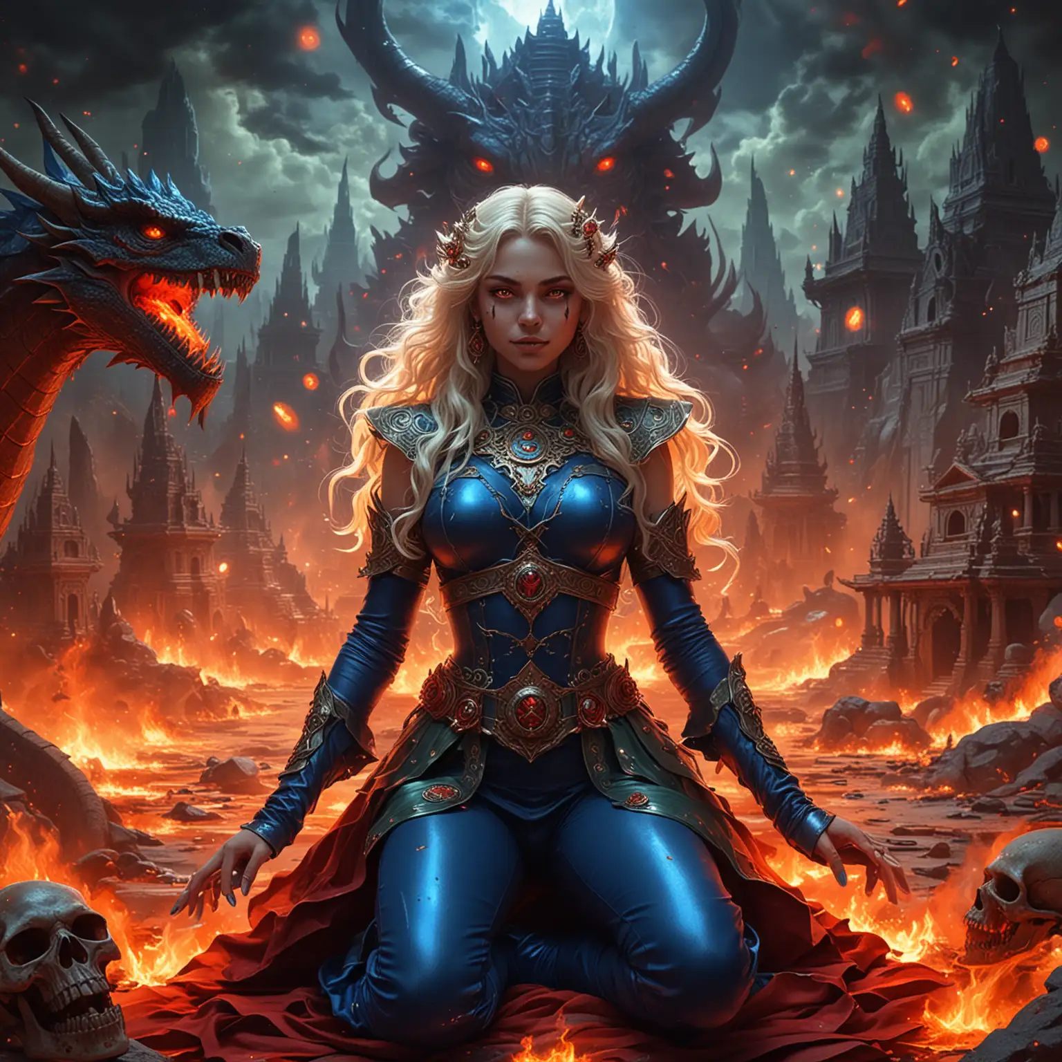 Adolescent Empress Goddess Sorceresses Surrounded by Fiery Dragons