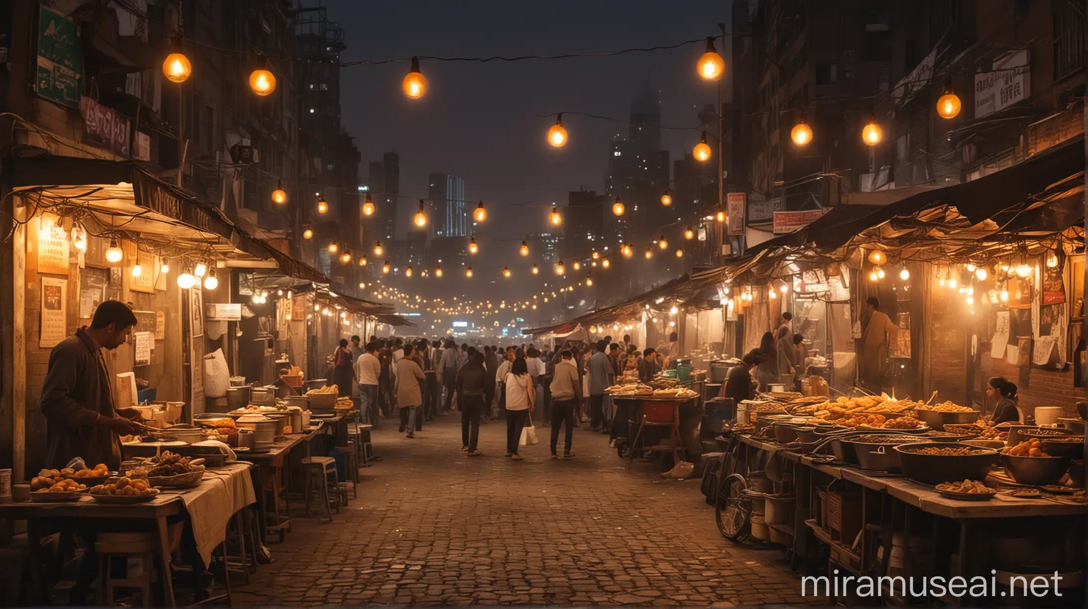 Lively Urban Night Market with Street Food Stalls