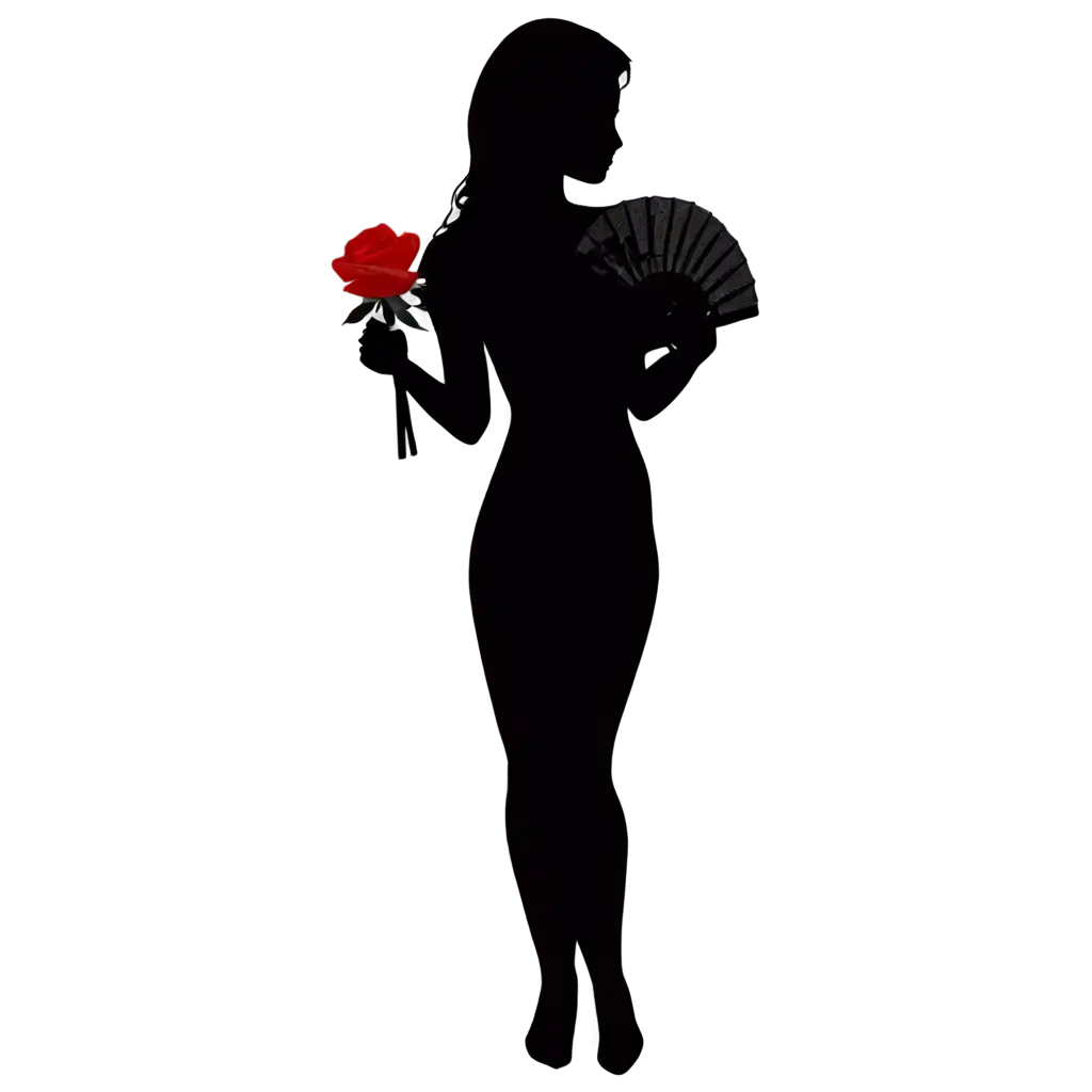 Black-Silhouette-of-a-GirlLady-Holding-a-Fan-and-Rose-PNG-Image-for-Versatile-Design-Applications