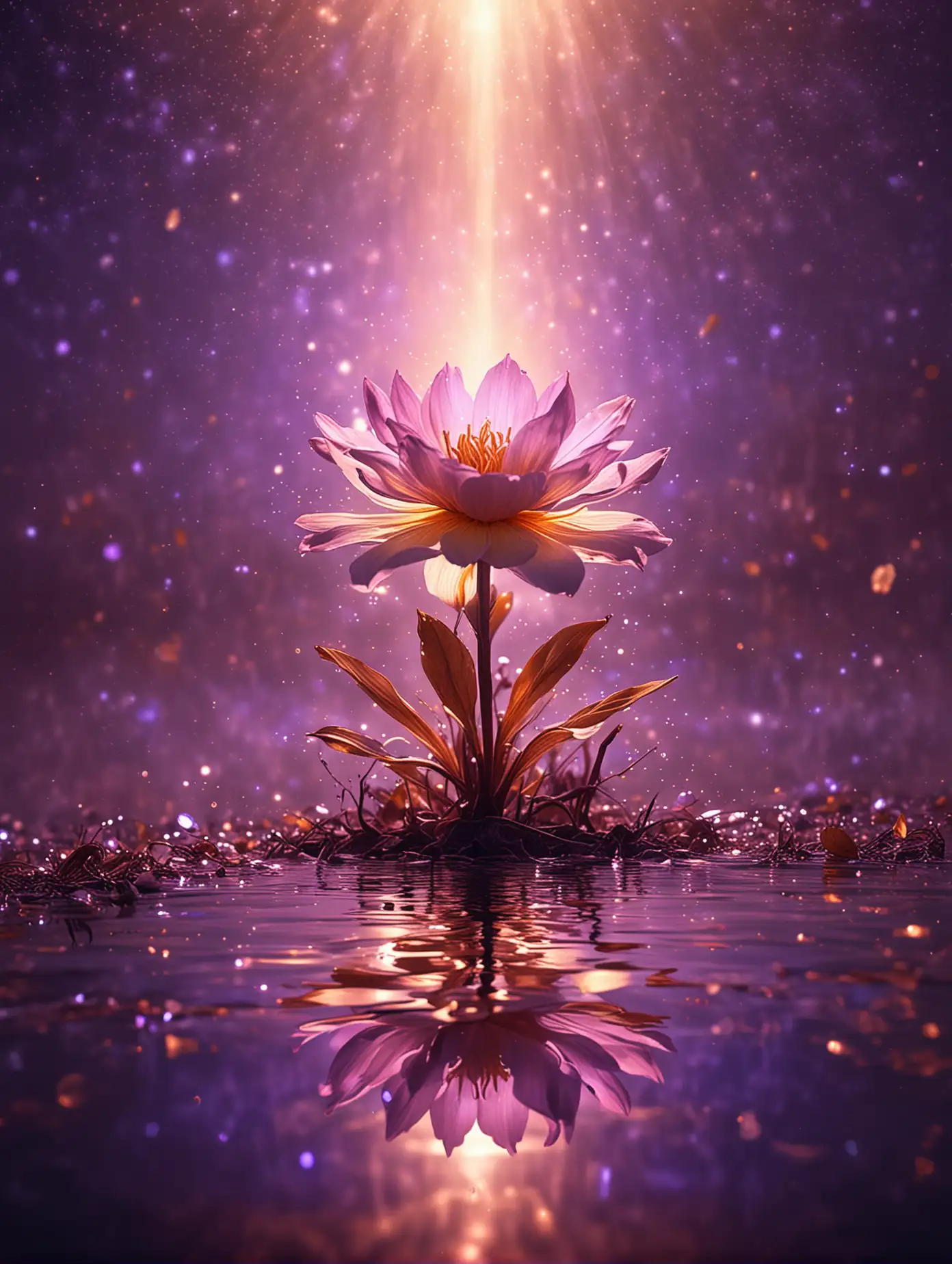 (sacred glowing flower:1.4) rooted in luminous earth, petals reflecting twilight copper and violet, ethereal rays extending above it forming a diffuse radiant soul-like aura, abstract shimmering silhouette dissolving into light, particles floating like stardust, entire park bathed in mystical harmony, dreamlike magical realism, ultra detailed, cinematic atmosphere, painterly, breathtaking