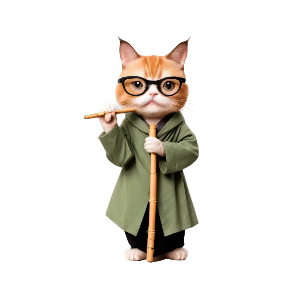 Adorable-Calico-Cat-DSEO-PNG-Usage-Scenariosressed-as-a-Zen-Monk-with-Bamboo-Flute-PNG-Format-with-Transparent-Background