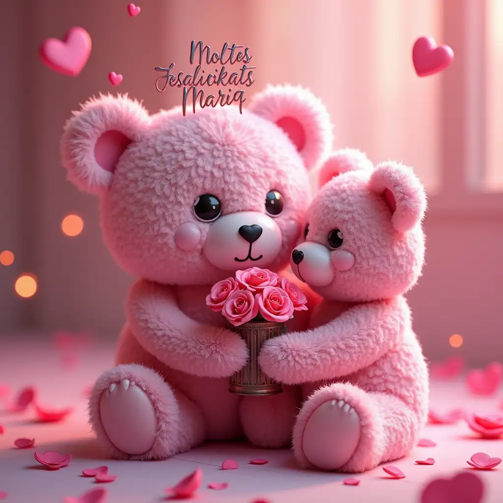 Whimsical-Pink-Teddy-Bear-with-Glowing-Rose-Bouquet-and-Floating-Hearts