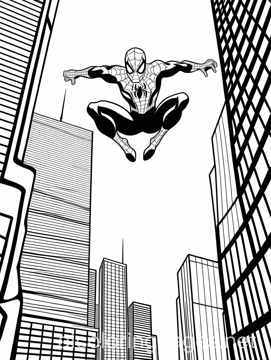 spiderman flying between building, Coloring Page, black and white, line art, white background, Simplicity, Ample White Space. The background of the coloring page is plain white to make it easy for young children to color within the lines. The outlines of all the subjects are easy to distinguish, making it simple for kids to color without too much difficulty