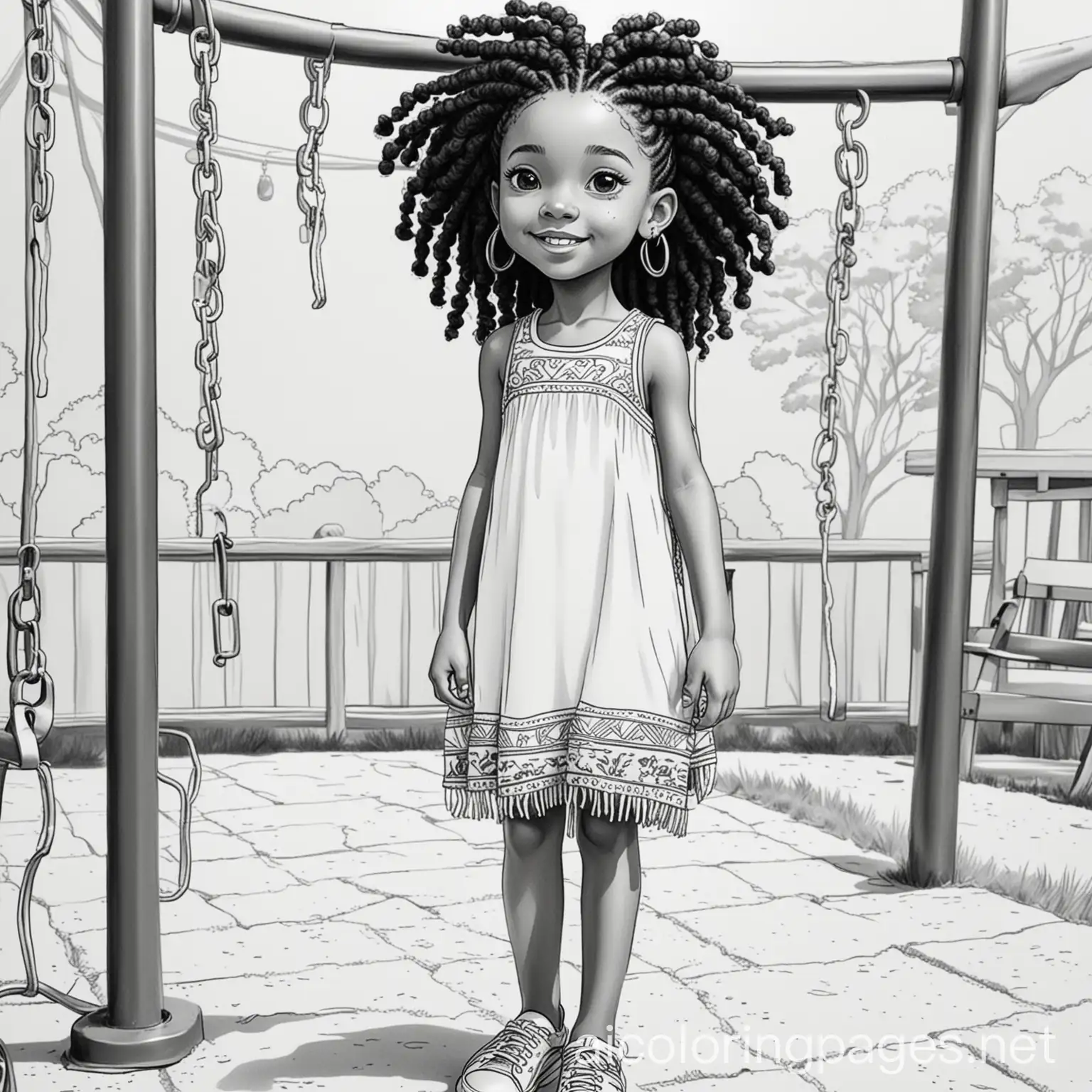 Cartoon-Black-Girl-with-Locs-Coloring-Page-at-Playground