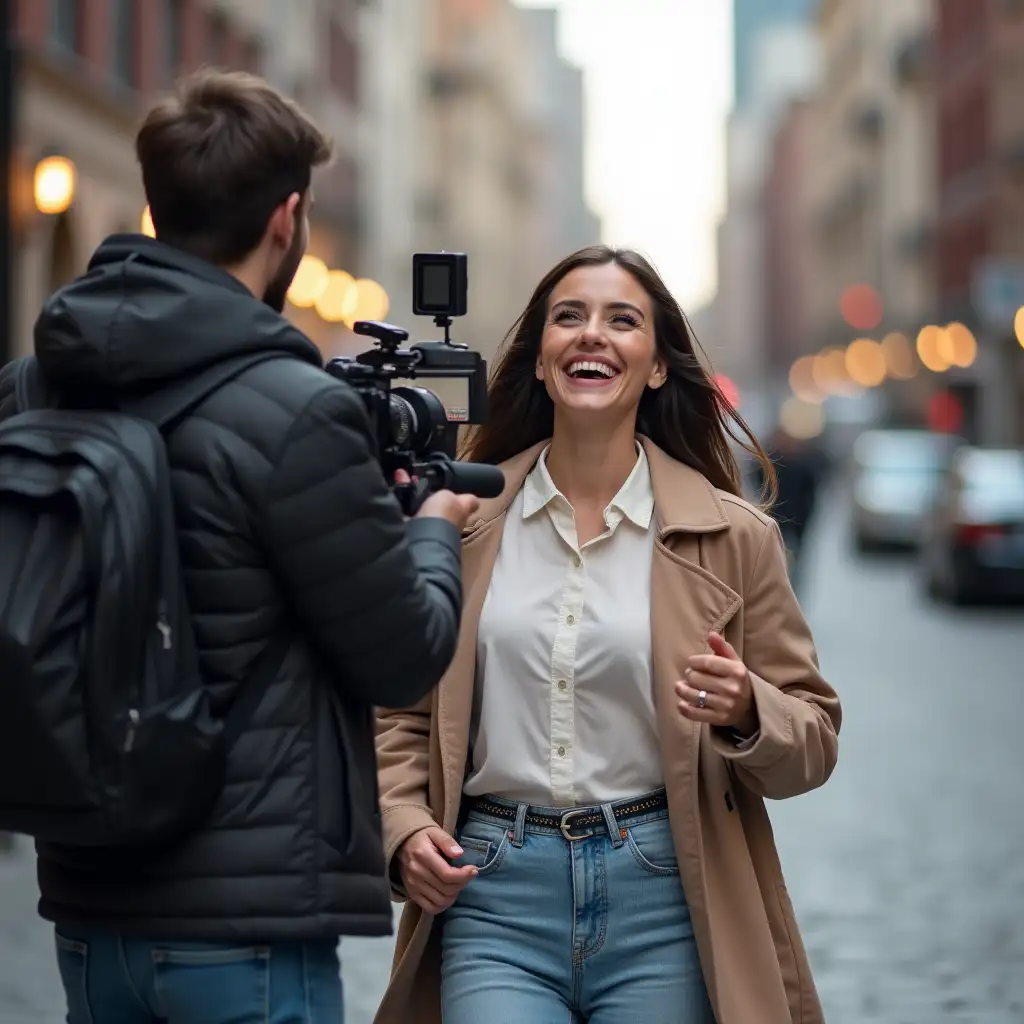 A videographer taking a video shot of a good looking young woman walking down the city with trendy clothing and enjoying life to the fullest.