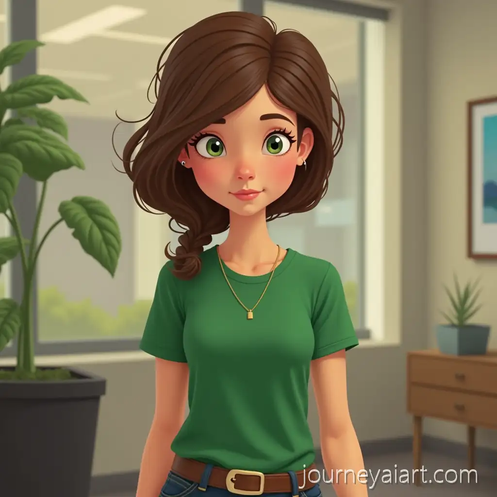 Girl-in-Green-Tshirt-WorkingGirl-in-green-tshirt-in-Washington-Office-Bespoke-Animation-Style