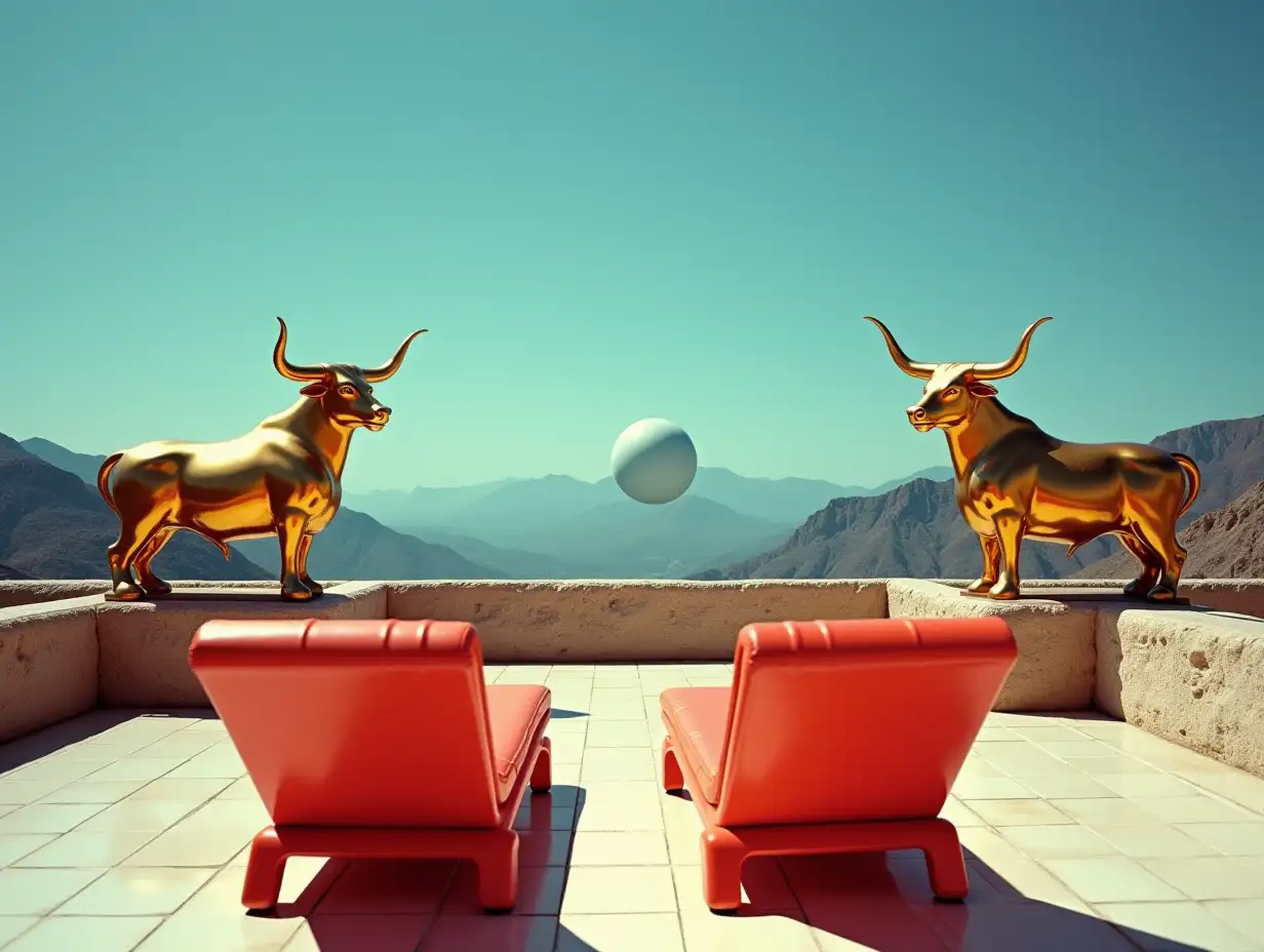 Terrace-with-Red-SunBeds-and-BullHeaded-Statues-Overlooking-Mountain-View