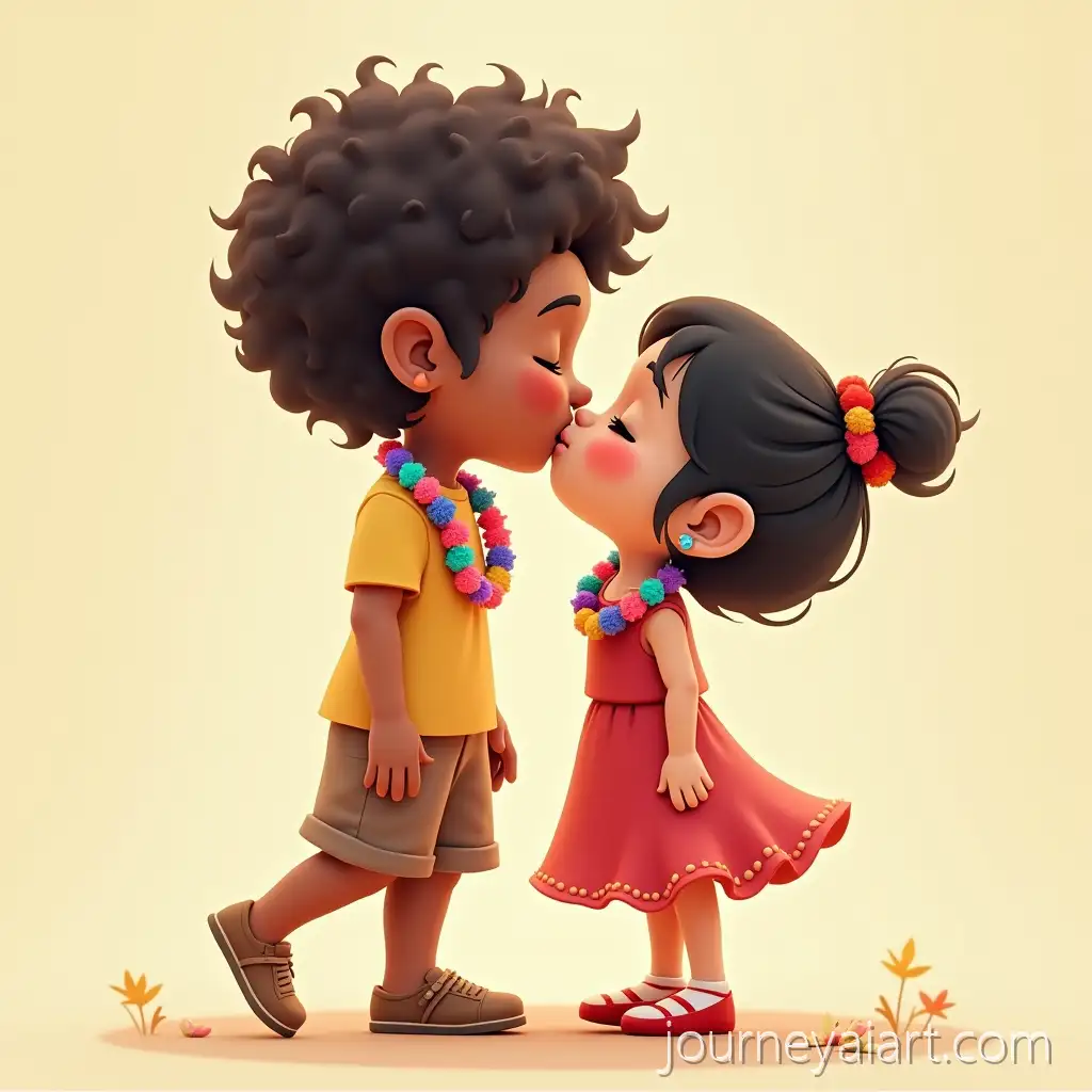Tall-Girl-and-ShortAI-Image-Prompt-Expansion-Boy-Wearing-Colorful-Garlands-Kissing-in-Red-Dress-and-TShirt