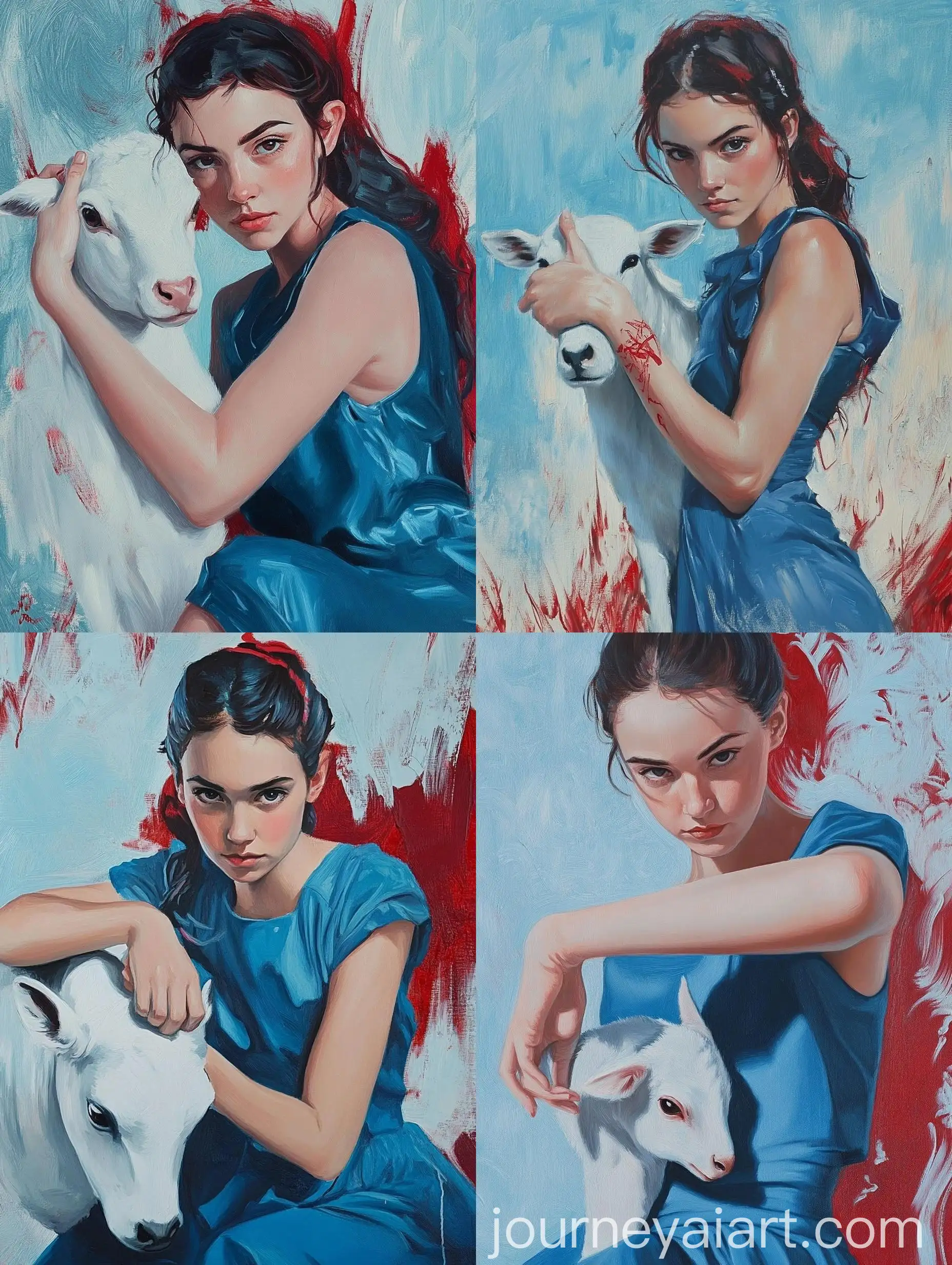 Portrait-of-a-Girl-in-Cyan-Clothes-with-a-Bright-White-Calf