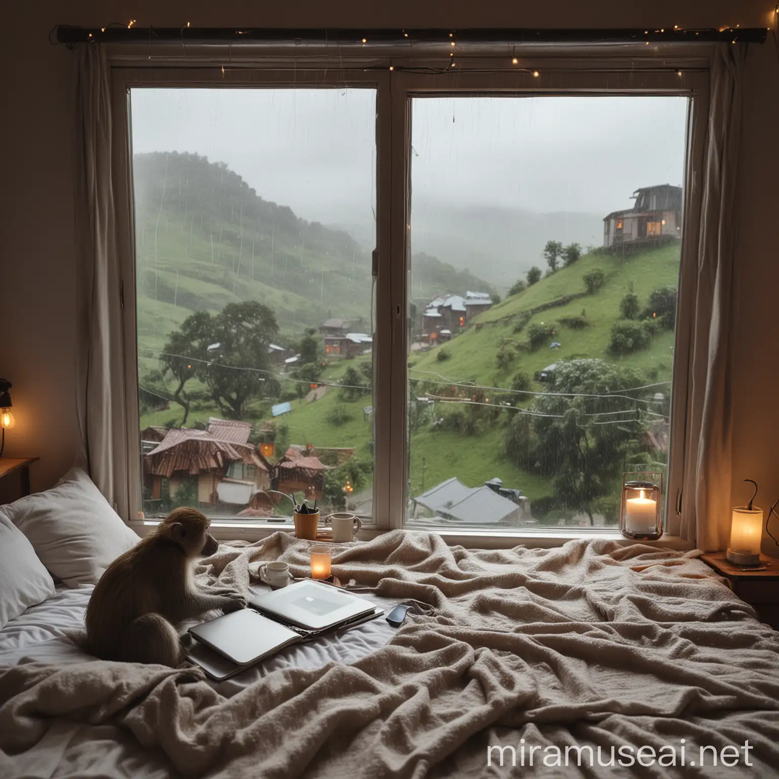 Cozy Monkey Woman with Coffee in Rainy Hillside Room