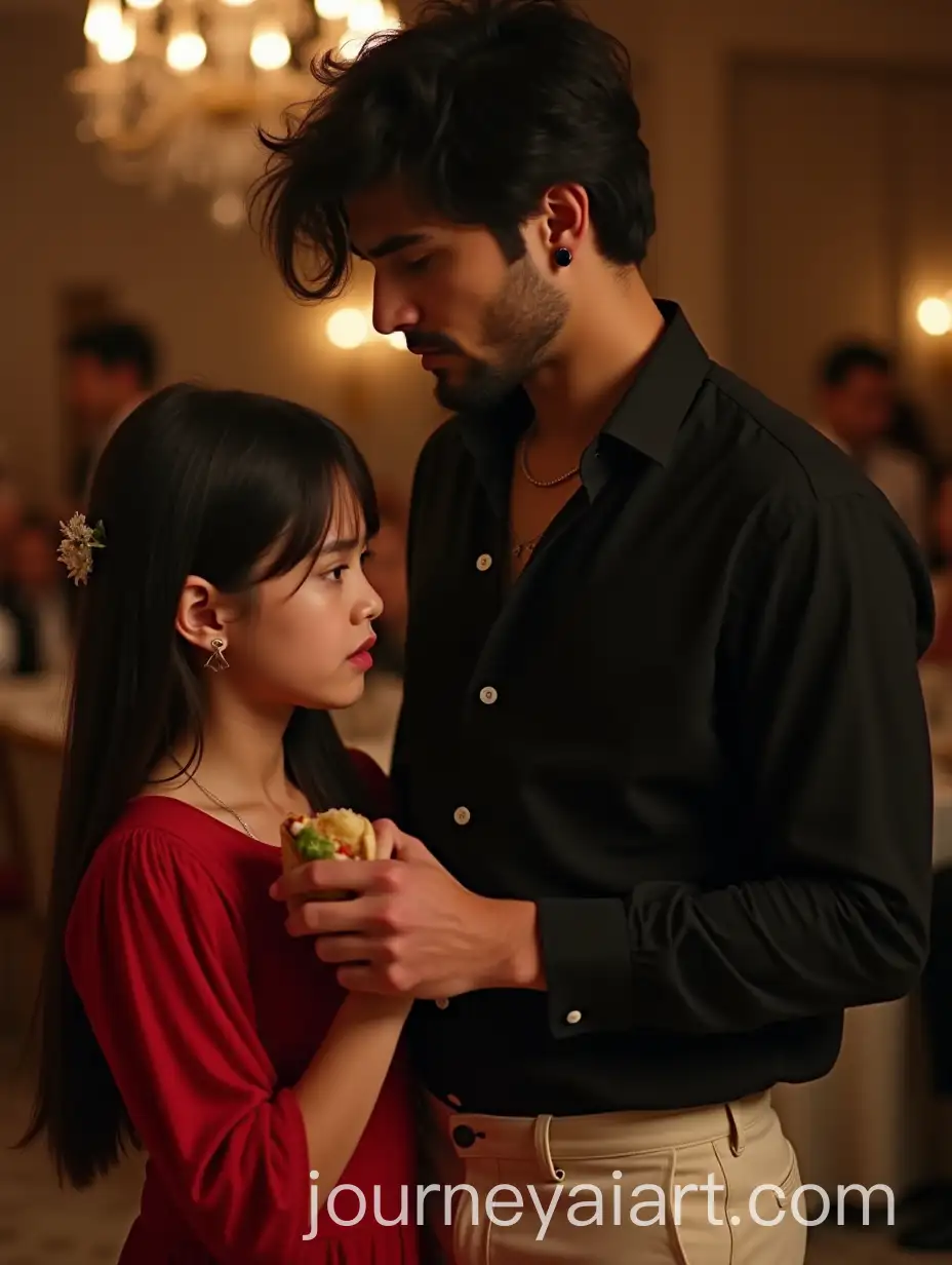 Young-Man-in-Black-Shirt-at-Luxurious-Party-with-Sad-Girl-in-Red-Dress