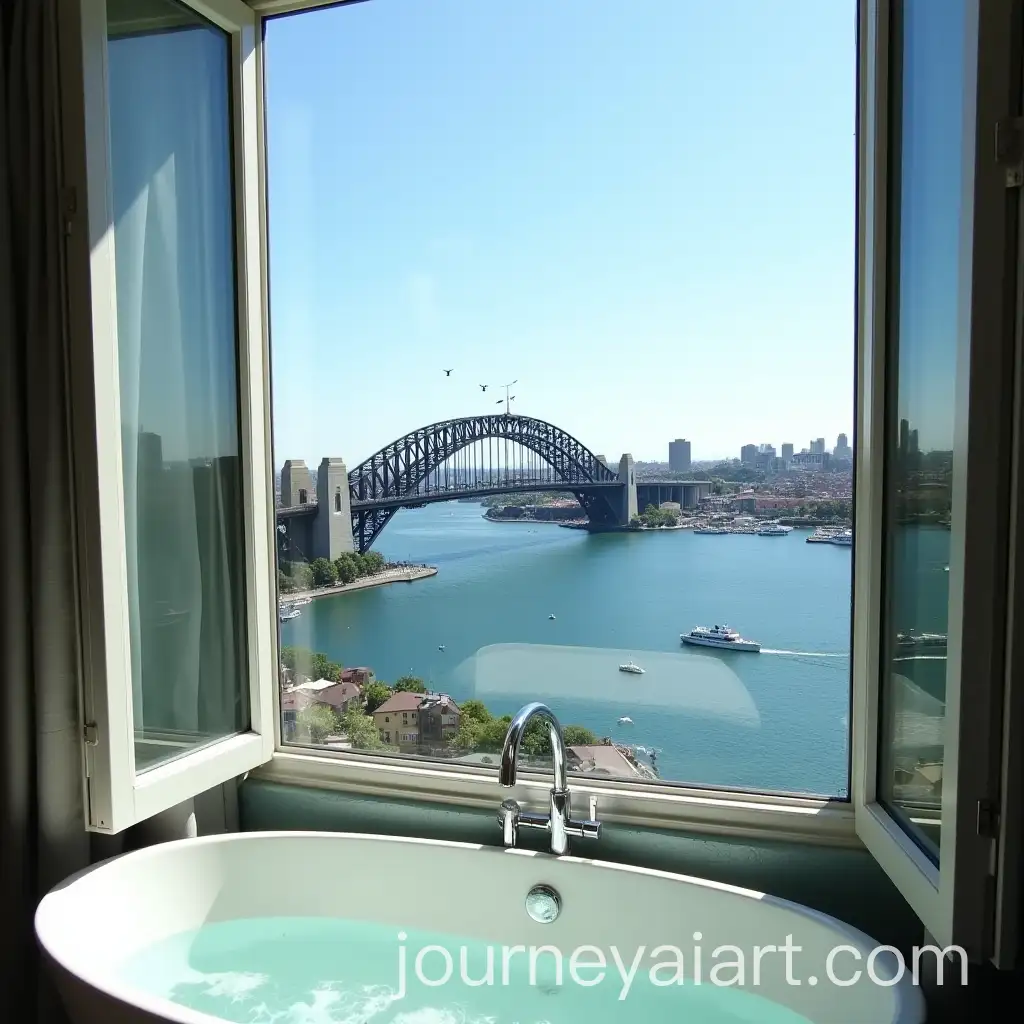 Aerial-View-of-Darling-Harbour-from-a-Luxury-Hotel-Bathroom-with-Birds-and-Sunny-Weather