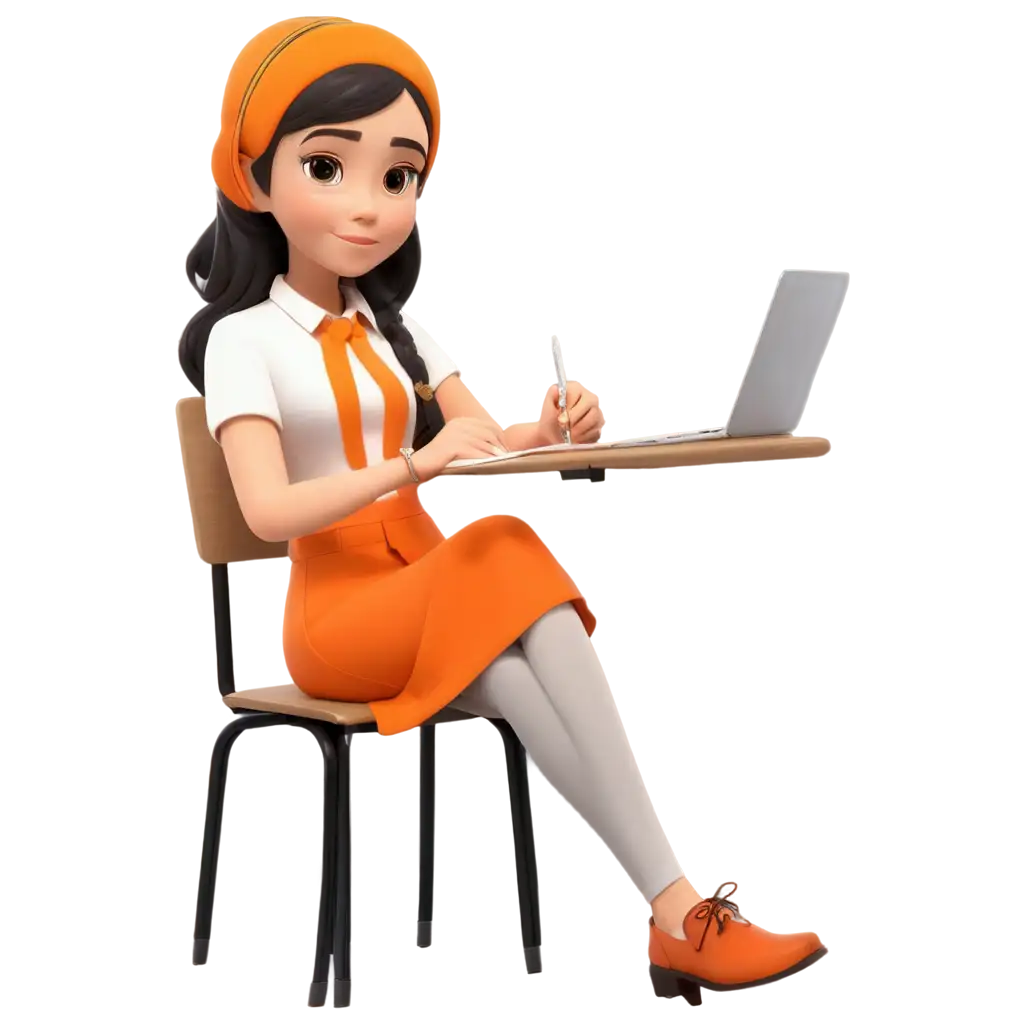Cartoon-Muslim-Girl-Student-with-Orange-Uniform-Writing-Notes-PNG-Image-for-Classroom-and-Call