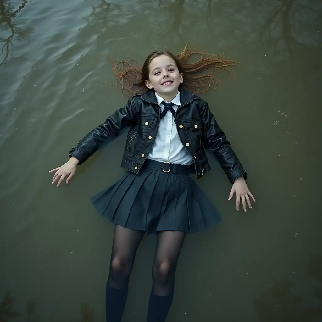 A young schoolgirl in a school uniform, in a skirt, jacket, blouse, dark tights, high-heeled shoes. She is swimming in a dirty pond, lying underwater, all her clothes are completely wet, wet clothes stick to her body, the whole body is underwater, submerged in water, under the surface of the water, below the water's edge.