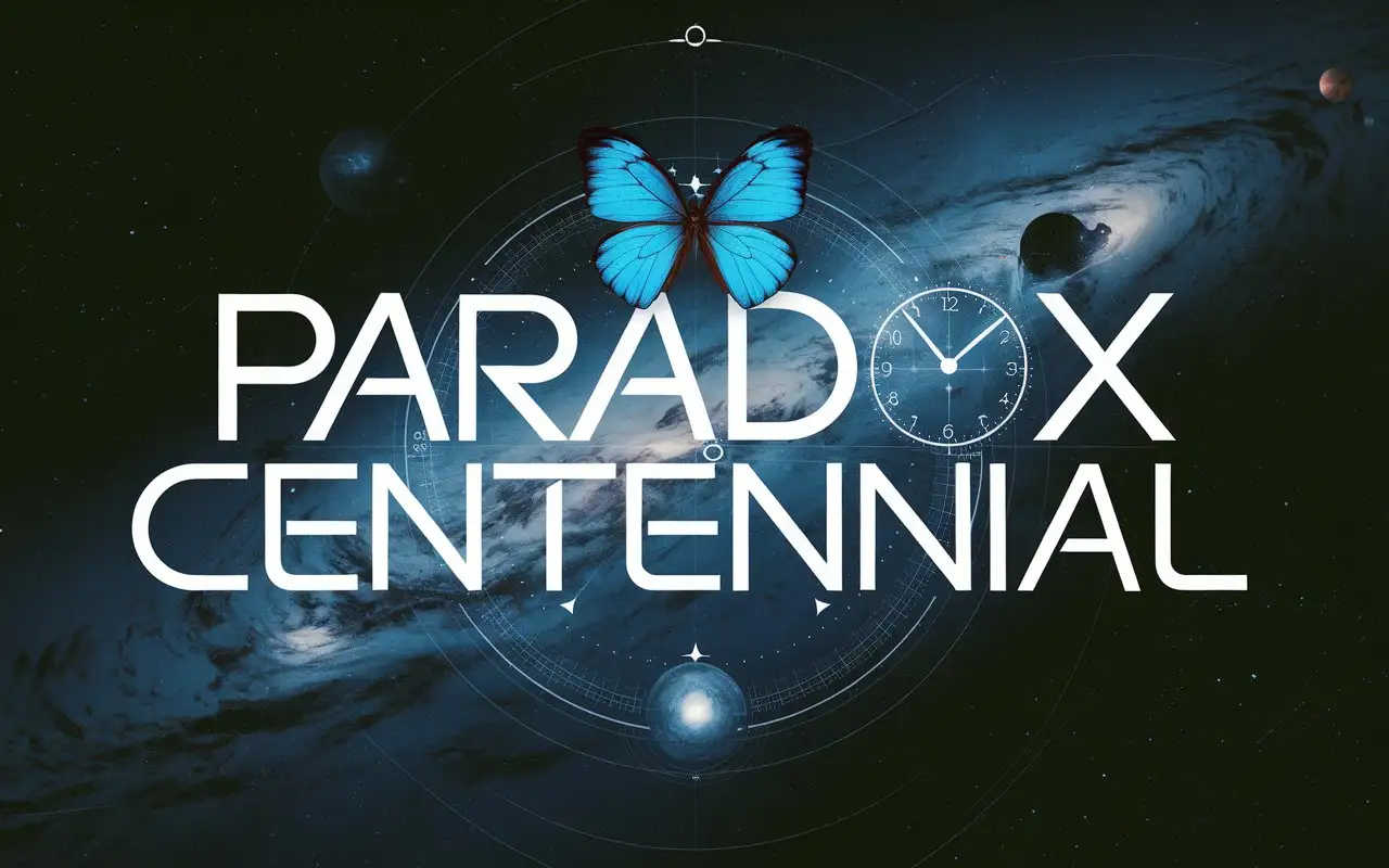 Logo design for a science fiction novel. Paradox Centennial. Butterfly and clock imagery are woven into the text