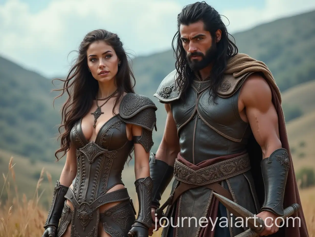 Young-Woman-in-Ornate-Leather-Armor-and-Barbarian-Warrior-with-War-Hammer-on-Hillside