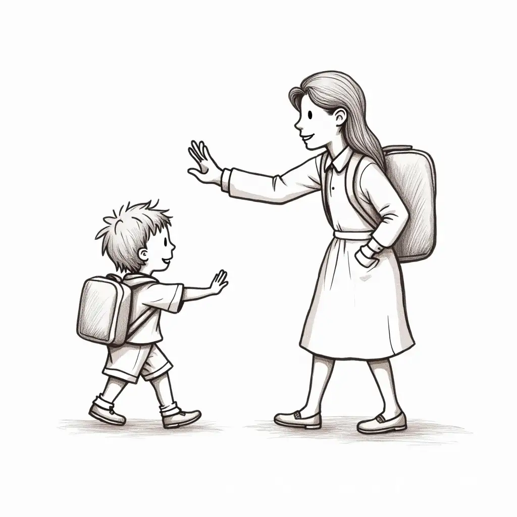 Mother-Waving-Goodbye-to-Child-Heading-to-School-Illustration