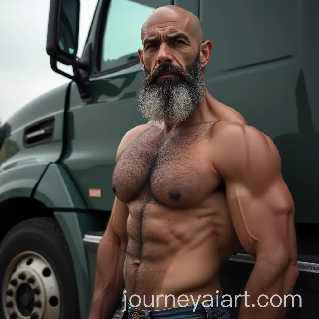 Muscular-Spanish-Man-with-Silver-and-Black-Beard-Standing-Next-to-His-Truck
