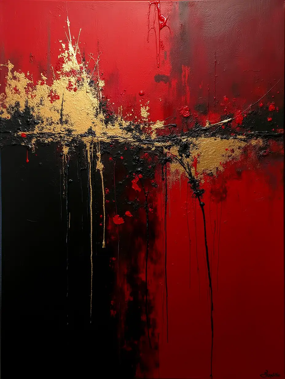 Create an abstract painting with bold, chaotic brushstrokes in jet black, blood red, and metallic gold tones. Add jagged edges and sharp lines to emphasize contrast, with drips of gold for texture. The composition should exude intensity and drama.