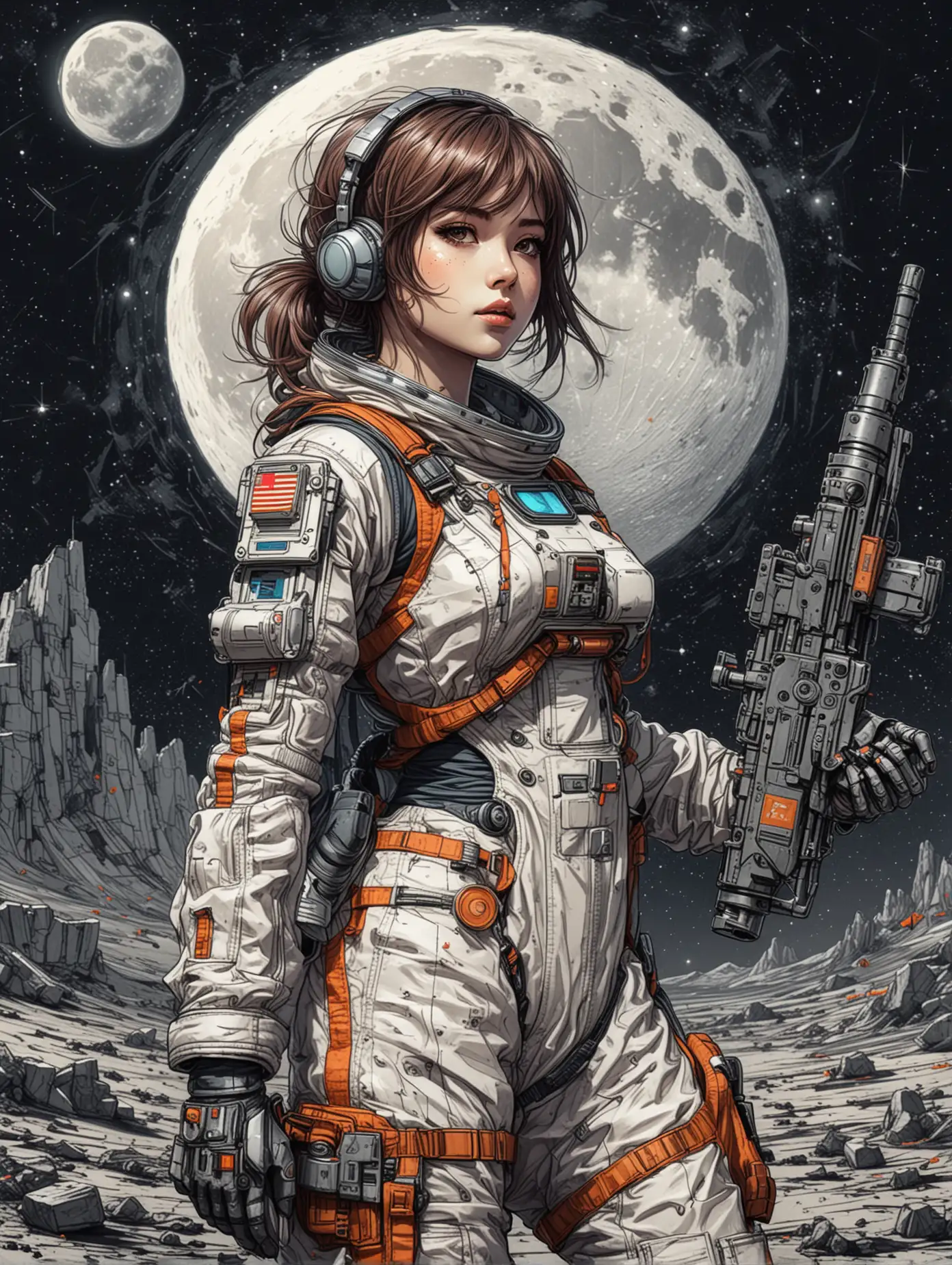 Medium close up captured, Whimsical style, Sketch of beauty anime girl is cosplaying wears robotic astronaut jumpsuit, holding a machine gun, standing in dynamic combat pose at moon surface, colorful pen sketchy draw, hand drawn, dark, gritty, realistic sketch, rough sketch, mix of bold dark lines and loose lines, outerspace  background, on canvas, extremely detailed, masterpiece art