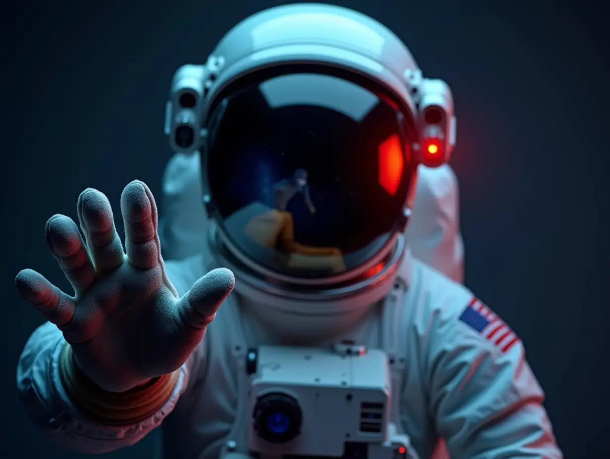 Astronaut Reaching Out in a Dark Universe with Reflective Helmet