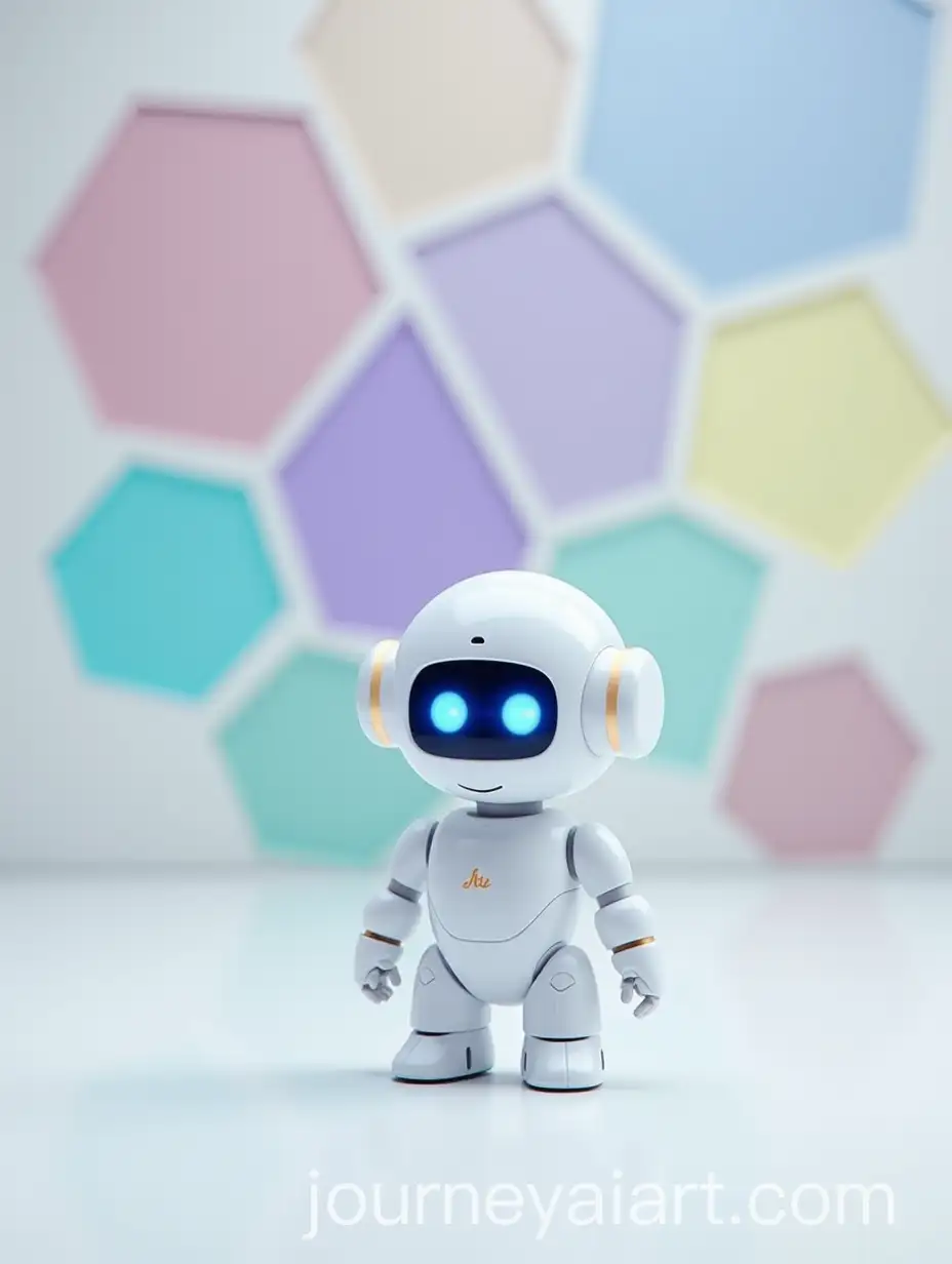 Cute-White-MiniRobot-with-Glowing-Blue-Eyes-in-Front-of-Colorful-Stained-Glass-Wall