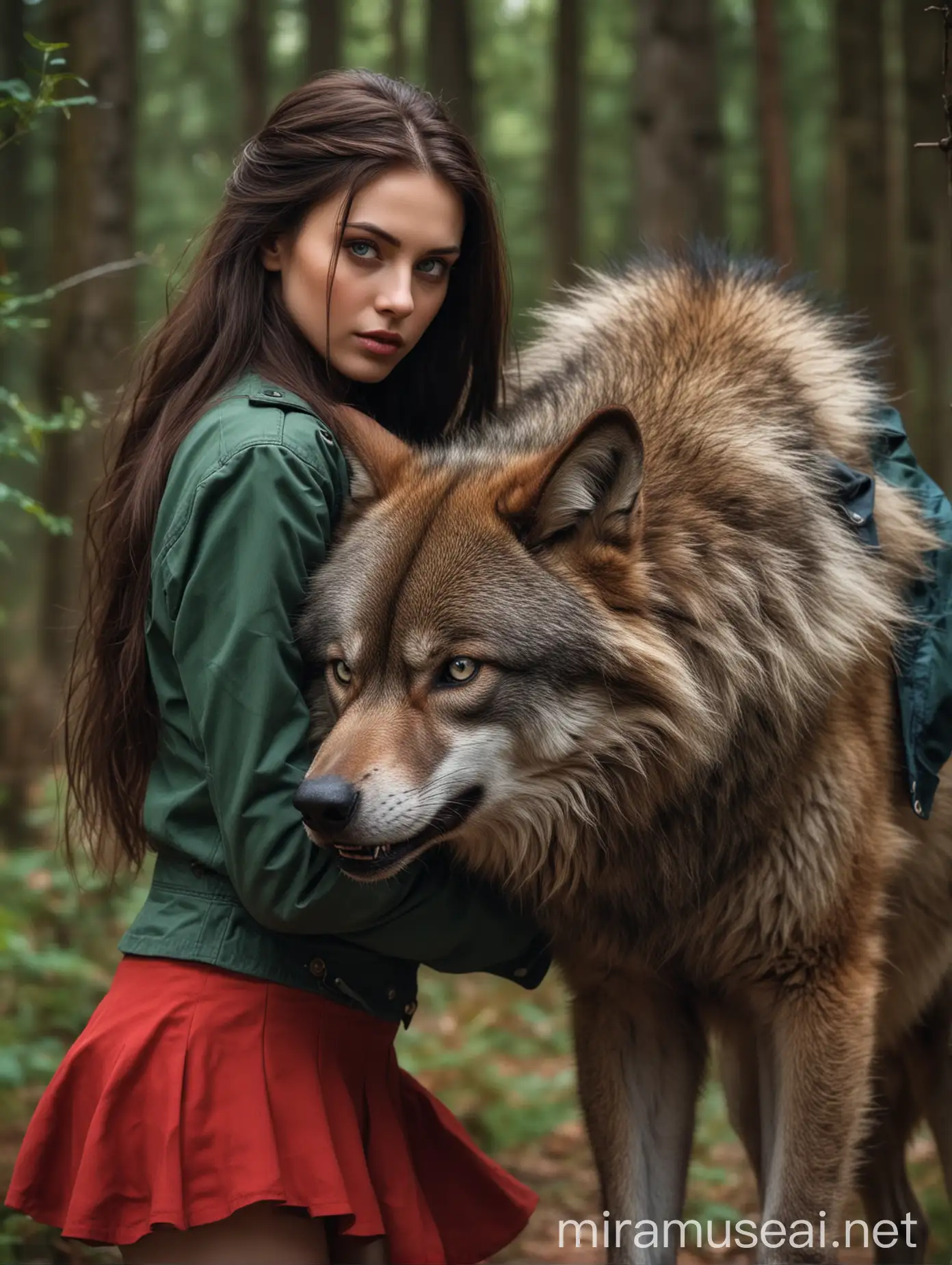 Brunette Woman in Green Jacket with Werewolf in Forest