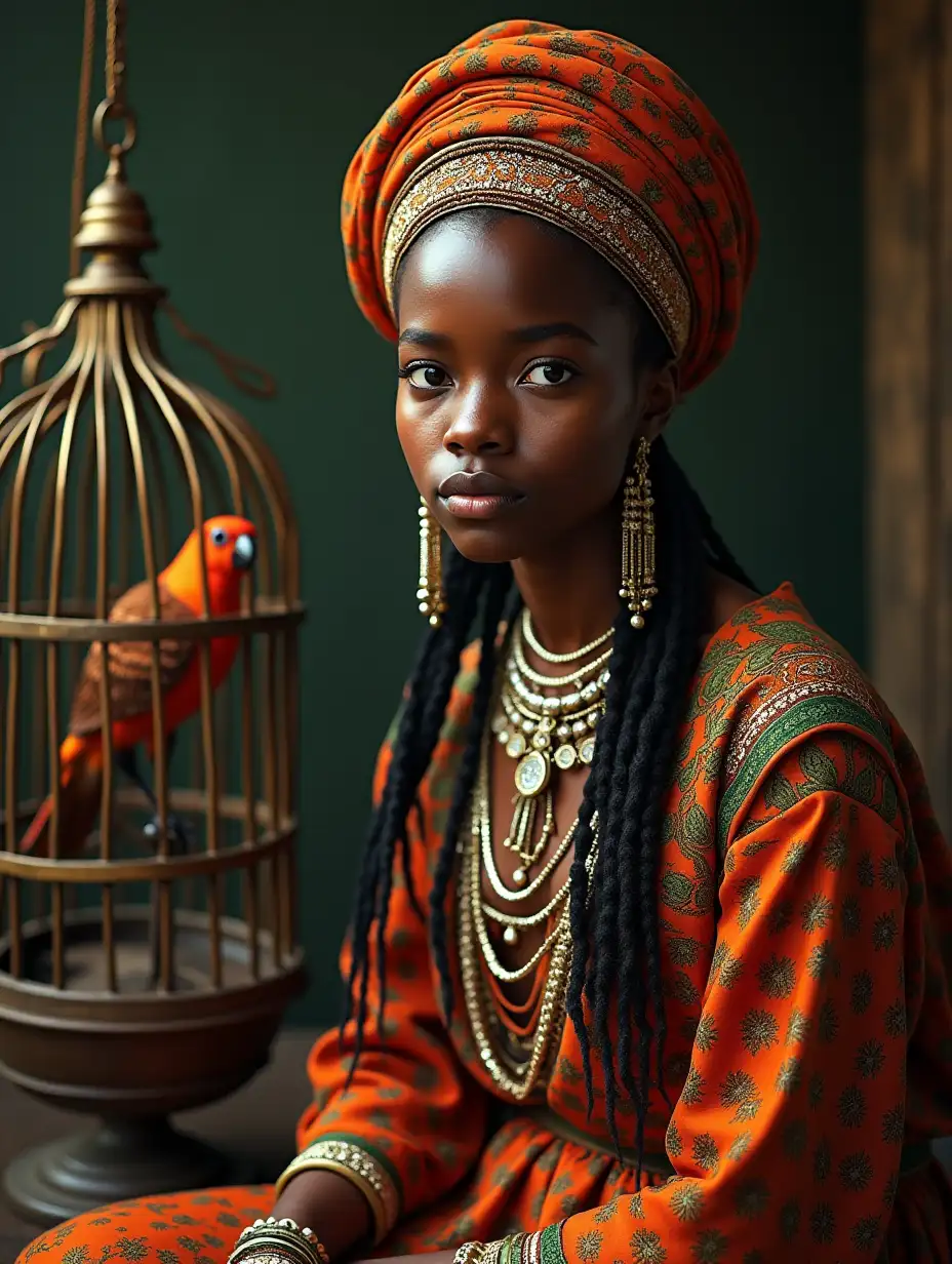 A beautiful sad Ethiopian woman of 18 years old in a turban and ornate clothes, massive ethnic jewelry, sitting next to a cage in which a bird is sitting, Carl Bang style, sensuality, piercing gaze, with expressive gaze, spectacular, juicy-bright, over-detailed, fougere, shimmering, 3d effect, 16k, surrealism, careful drawing of details, pastel, aesthetically pleasing, professional photography, realistic photography, dark botanical digital art, dark fantasy, overdetalization.