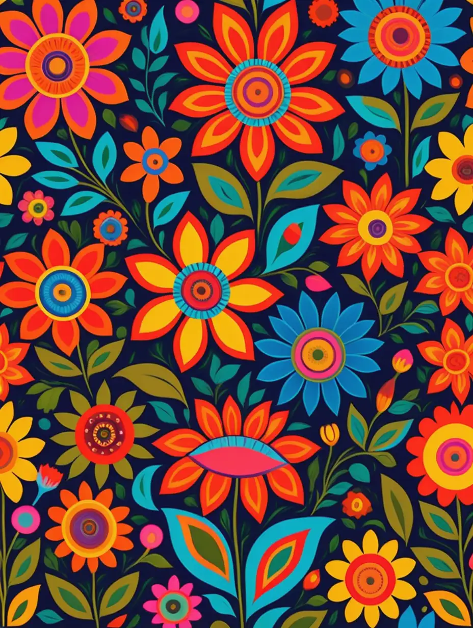 Colorful Folk Art Style with Bold Flowers