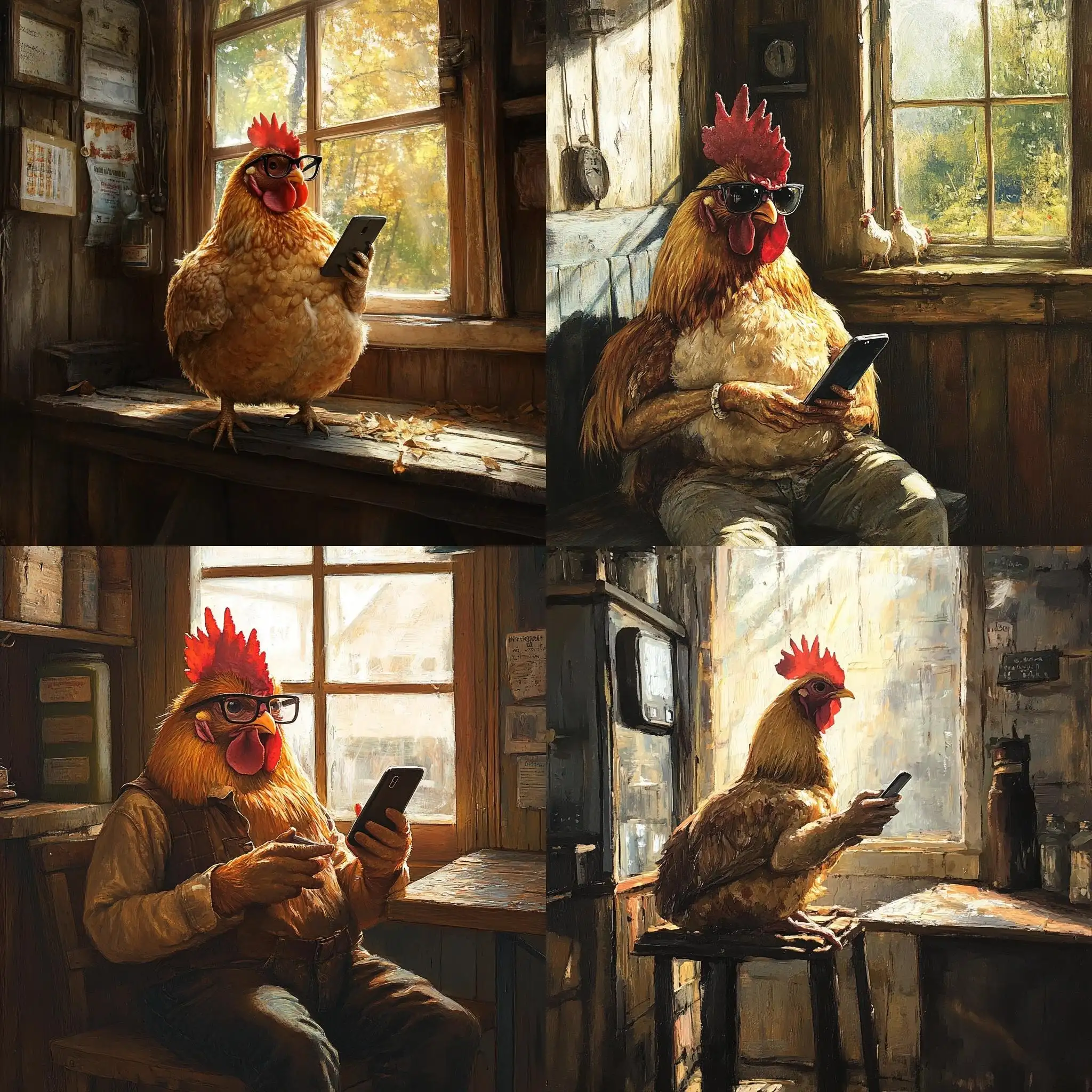 Smart-Chicken-with-Glasses-Using-Smartphone-in-Sunlit-Smokery