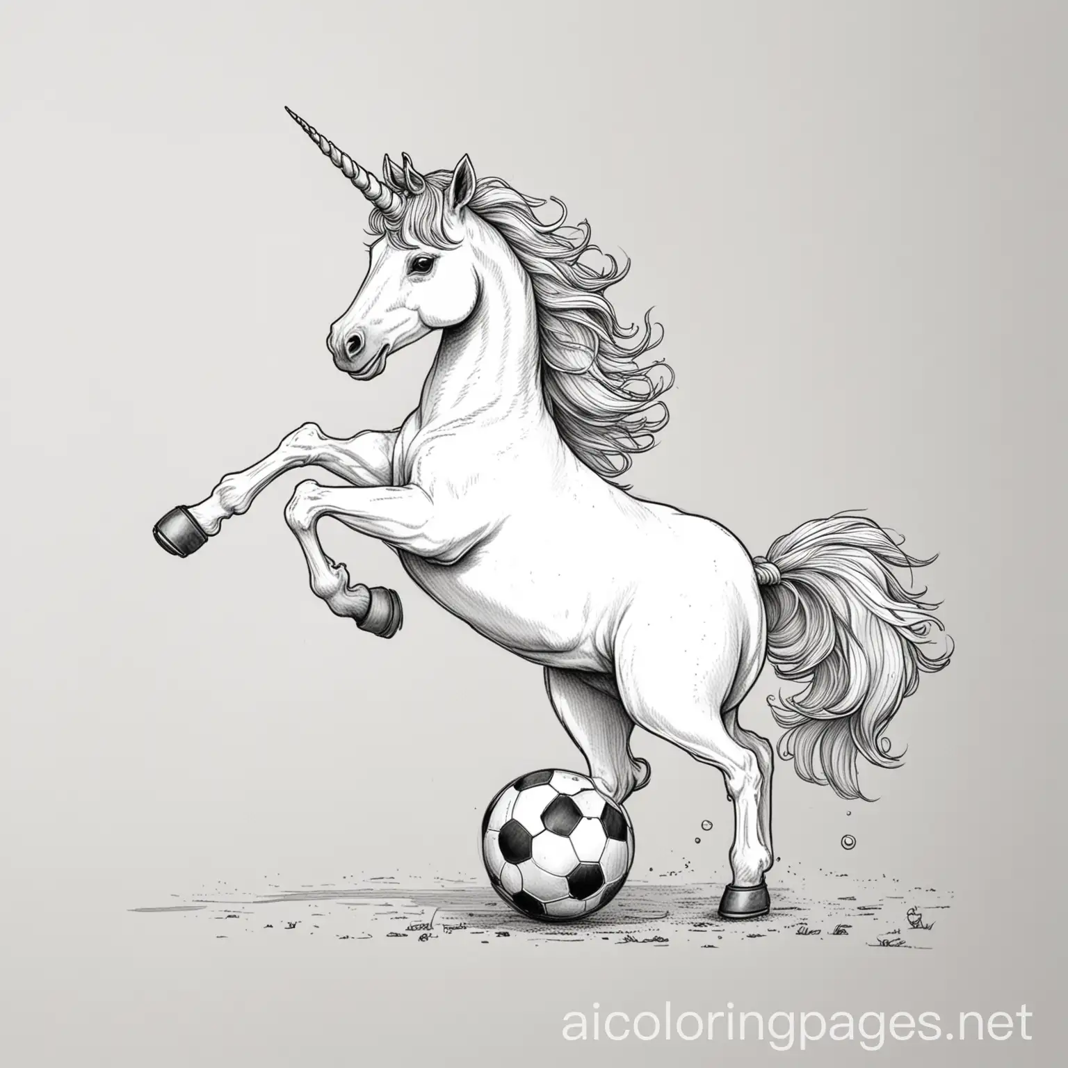 unicorn playing soccer, Coloring Page, black and white, line art, white background, Simplicity, Ample White Space