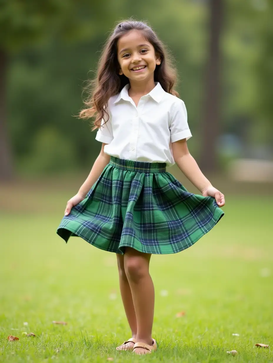 Joyful-Hispanic-Girl-Twirling-in-a-Green-Plaid-Skirt-on-a-Sunny-Day