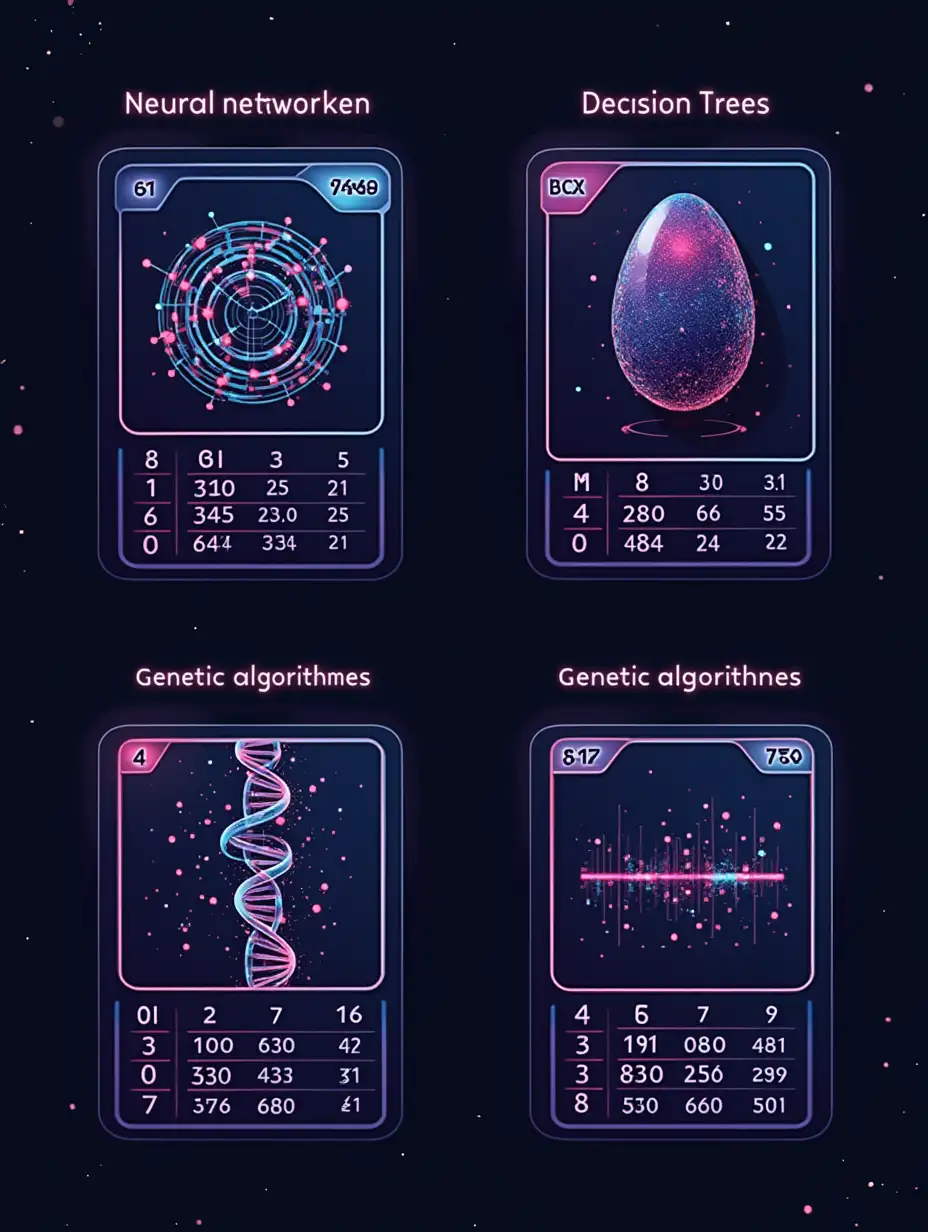 Card Game Illustration Concept for an AI card game. The Image shows Four playing cards for a 'best of' card game in one line horizontal, minimum space between, each card uses the upper 3/8 card for an image. The bottom part shows a framed 4x4 table filled with the attributes of the card as Numbers. the name of the specific card is written sideways at the left border of the cards. The typography is monospaced and looks futuristic. First Card Name: Neural networks Image of a neural network with nodes and connections. Second Card Name: Decision Trees Graphical representation of a decision tree. Third Card Name: Genetic algorithms Illustration of evolution and selection, e.g. DNA strands. Fourth card Name: Support Vector Machines Chart showing the separation of data points. graphical language: vector style, neo geo, bold, futuristic, spacey, graphically, geometric shapes, simplified and structured, unique visual language, one of a kind, glowing neon and glitch elements, elegant, 8k uhd, hdr, ultra-detailed, high quality, high contrast, state of the art, graphic design masterpiece, masterclass