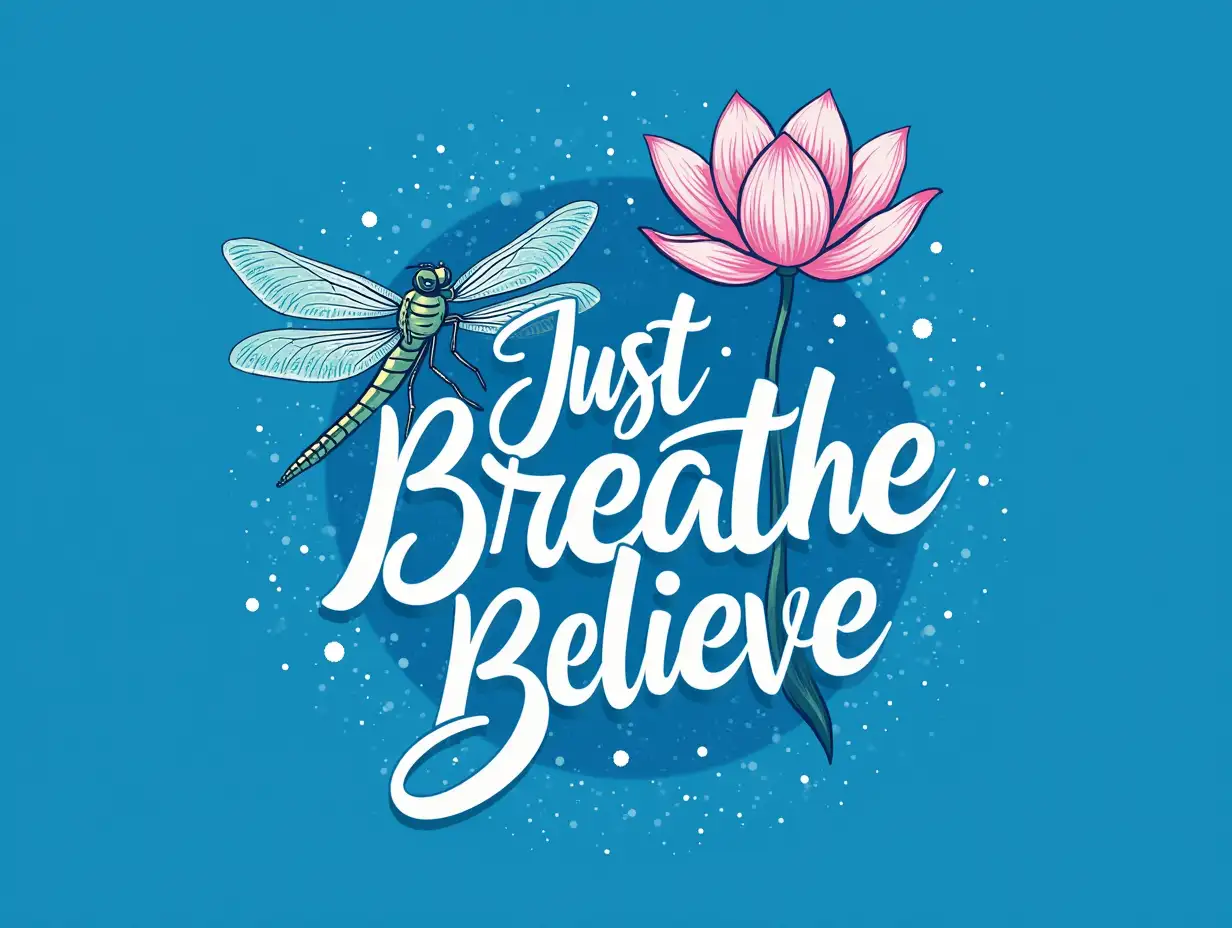 Vector. Create a sublimation design for a dragonfly and lotus flower on a blue background. The design should include the text 'Just Breathe Believe' in bold, white letters.