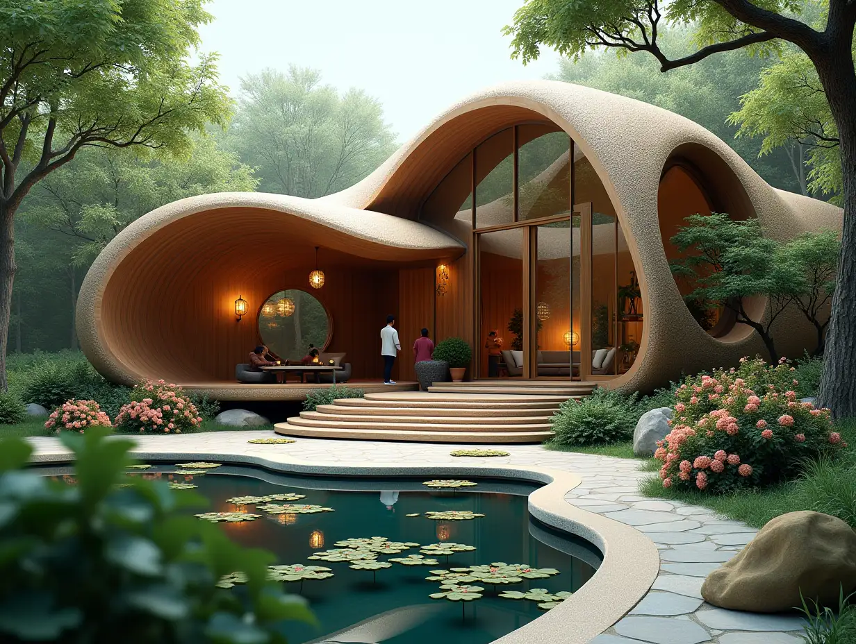 crooked house with people,pond in the garden  planting,modern wood Stuck in the form of,large windows with glass to,round smooth window shapes, winding double entrance steps made of ceramic complex curved roof with pond ,Lanterns,Bank apple tree 4K resolution Colorful superWide-angle shots