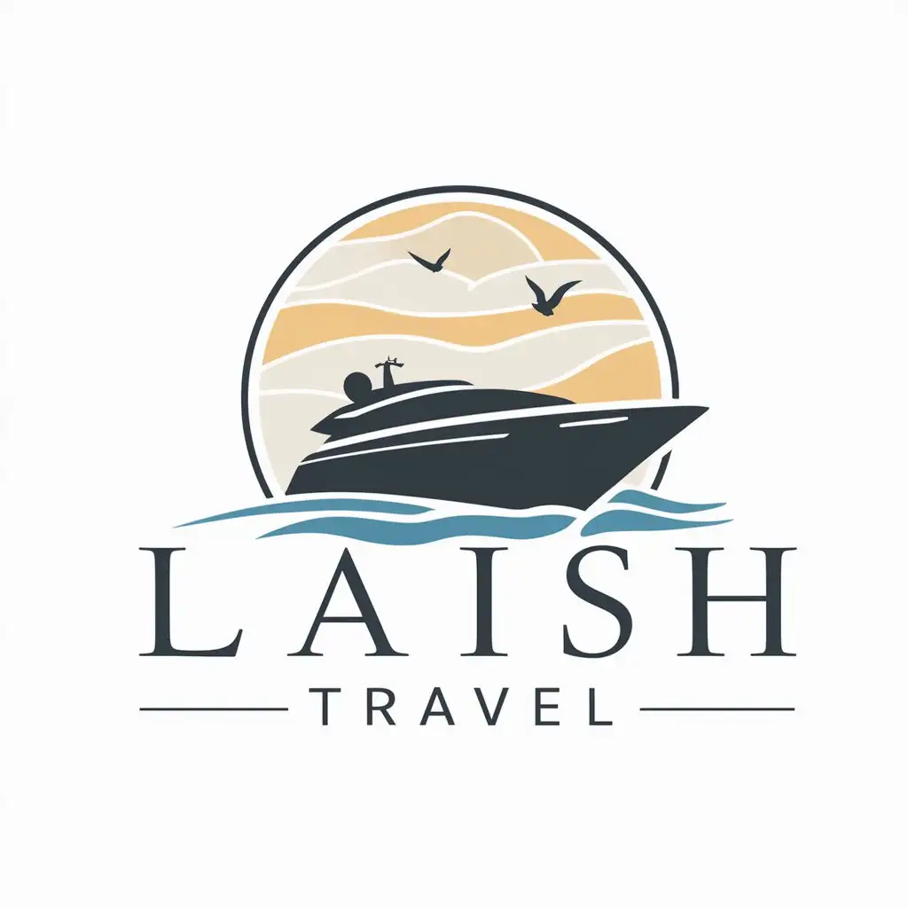 a vector logo design,with the text "Laish Travel", main symbol:Yacht, sky, water, birds,Moderate,clear background