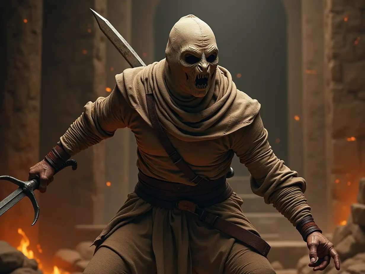 Mummy with leather armor and sword in combat