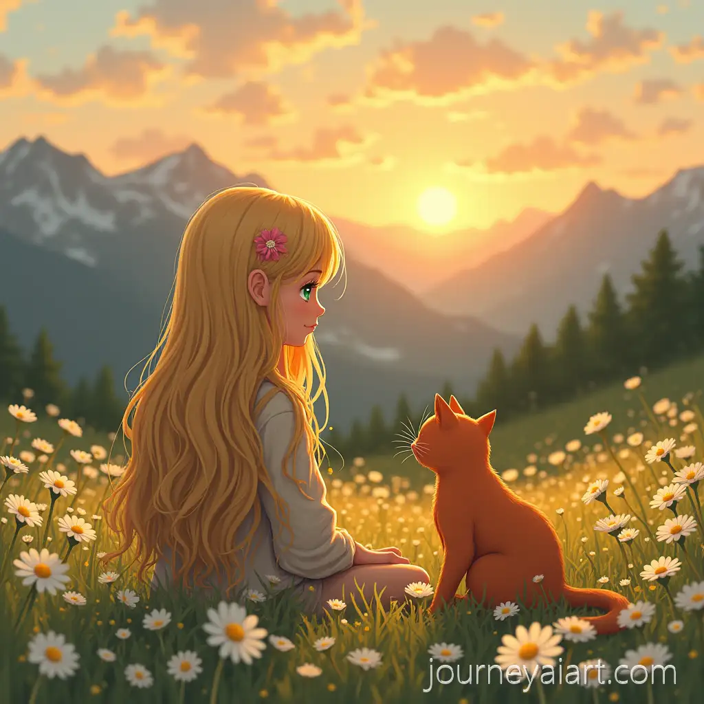 Blonde-Girl-with-Green-Eyes-Holding-a-Red-Cat-in-a-Daisy-Field-at-Sunset-with-Mountain-View