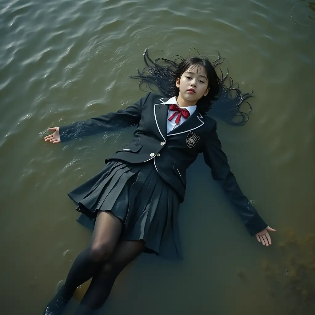 A schoolgirl in a school uniform suit with a jacket, skirt, blouse, dark tights, and high-heeled shoes. Swimming underwater in a dirty pond. Lying in the water. Underwater. Clothes are completely wet. Wet and messy.