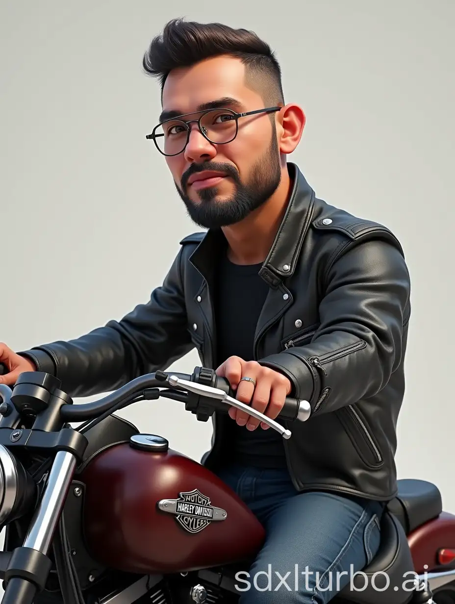 Realistic 4D caricature of an Indonesian man aged 40yo, with a very thin beard, short hair, wearing silver round glasses, wearing a motorcycle jacket, jeans and boots. sitting on a Harley Davidson Fat Boy motorbike.