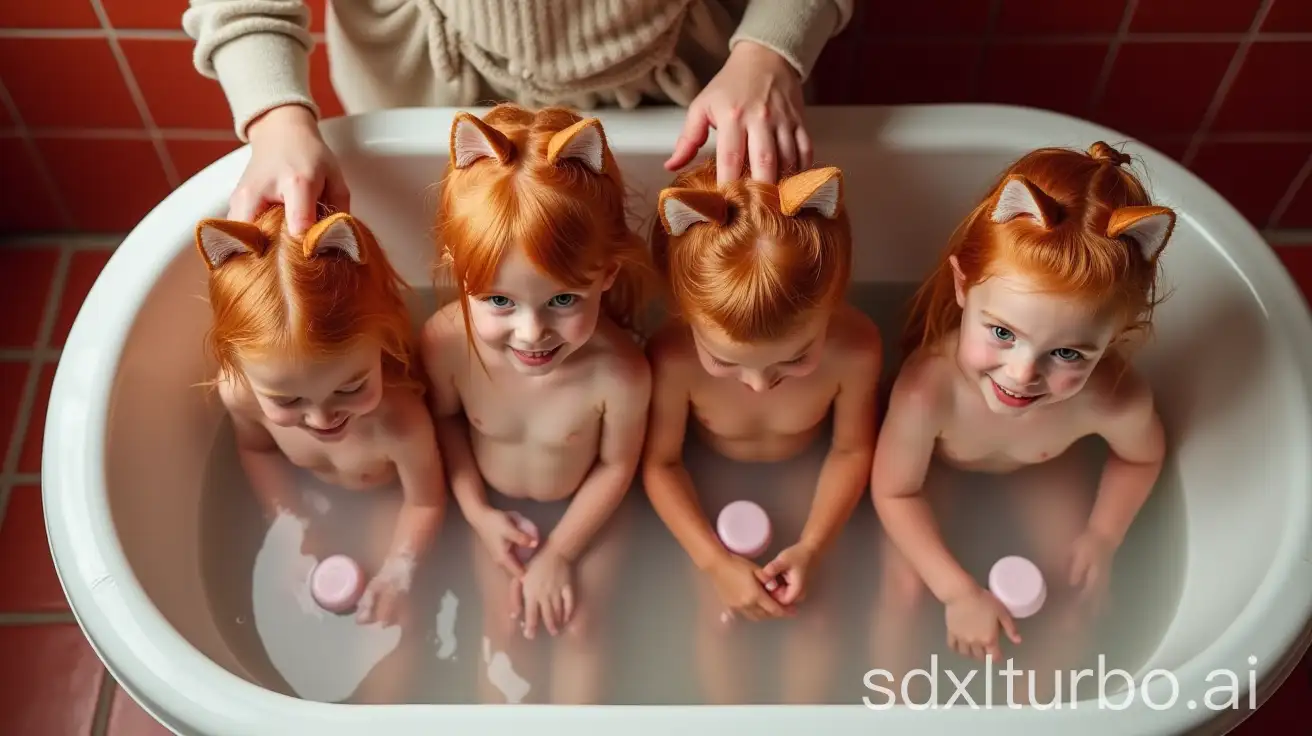 Mother-and-Four-Redhead-Daughters-Washing-Hair-in-Preschool-Bathtub-with-Cat-Ears