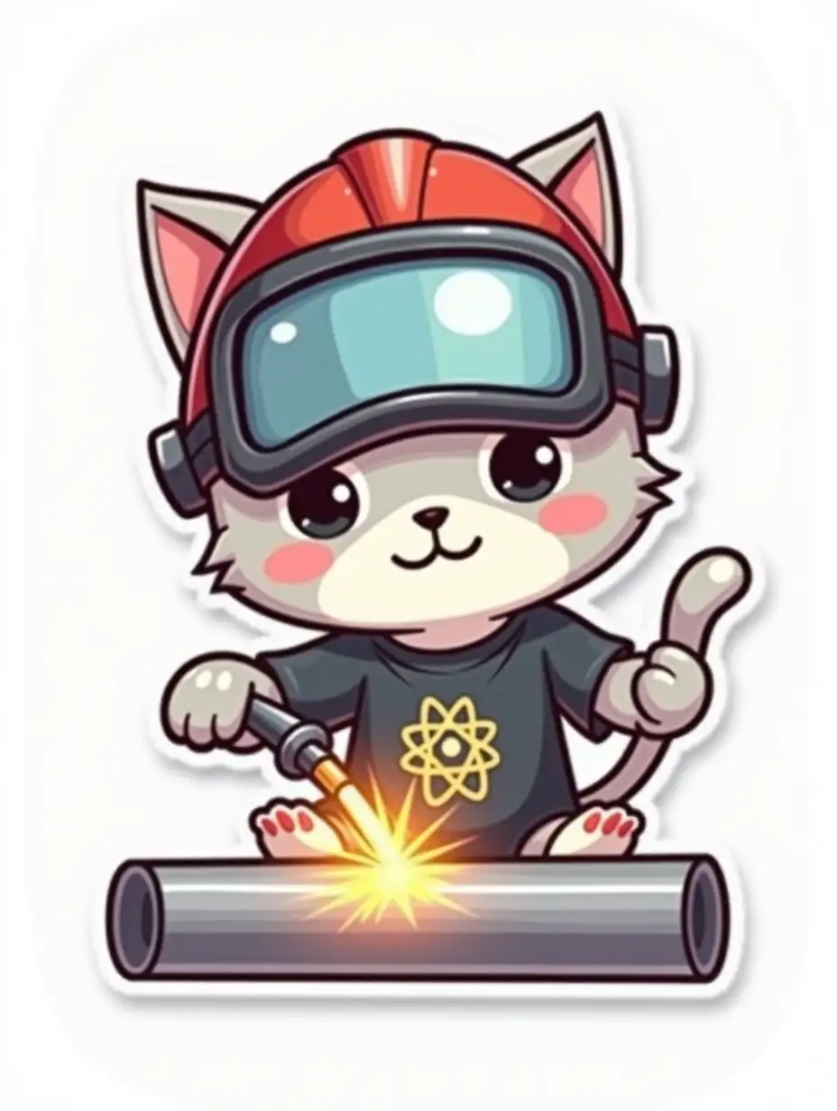 kawaii positive little happy light gray cat in protective helmet, wearing a welding mask and gloves with an atom symbol on t-shirt, connects two stainless steel metal pipes using manual arc welding. Die cut sticker design top-view, high resolution, vector art, white background, paint in anime style