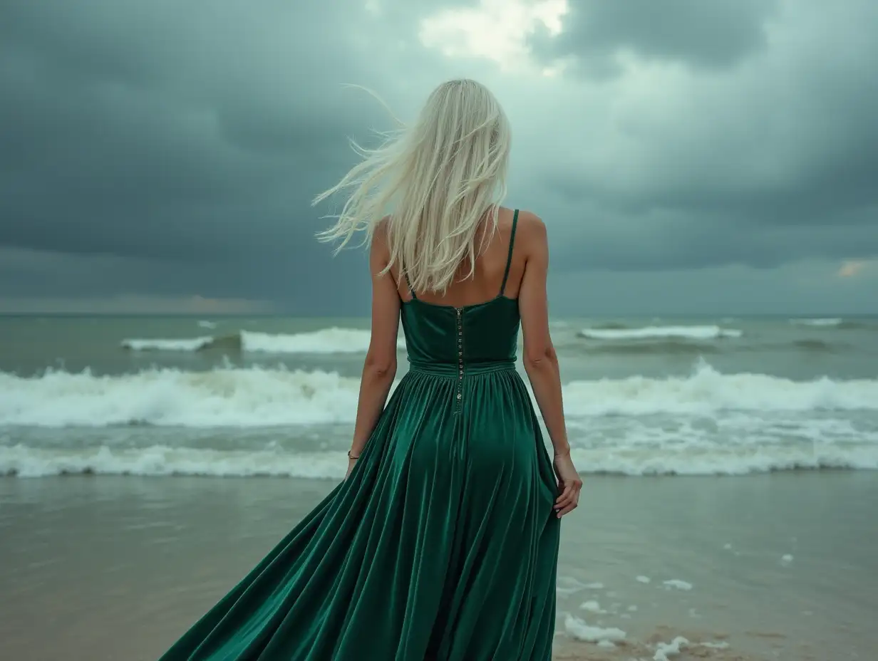 Full-length portrait with her back to the camera, extremely realistic in textures and definition of a woman with long white hair ruffled by the breeze,dressed in a beautiful green velvet dress with extreme realism in a soft texture that reaches above her knees. She is on the seashore. Very dramatic and stormy sky.