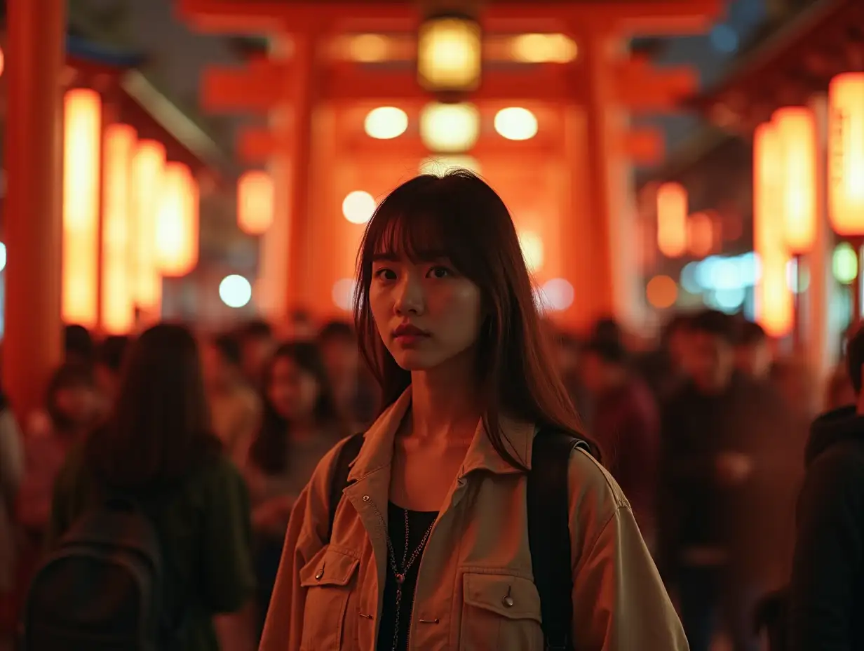 Young-Japanese-Woman-in-Trendy-Fashion-Walking-Through-Kyoto-Shrine